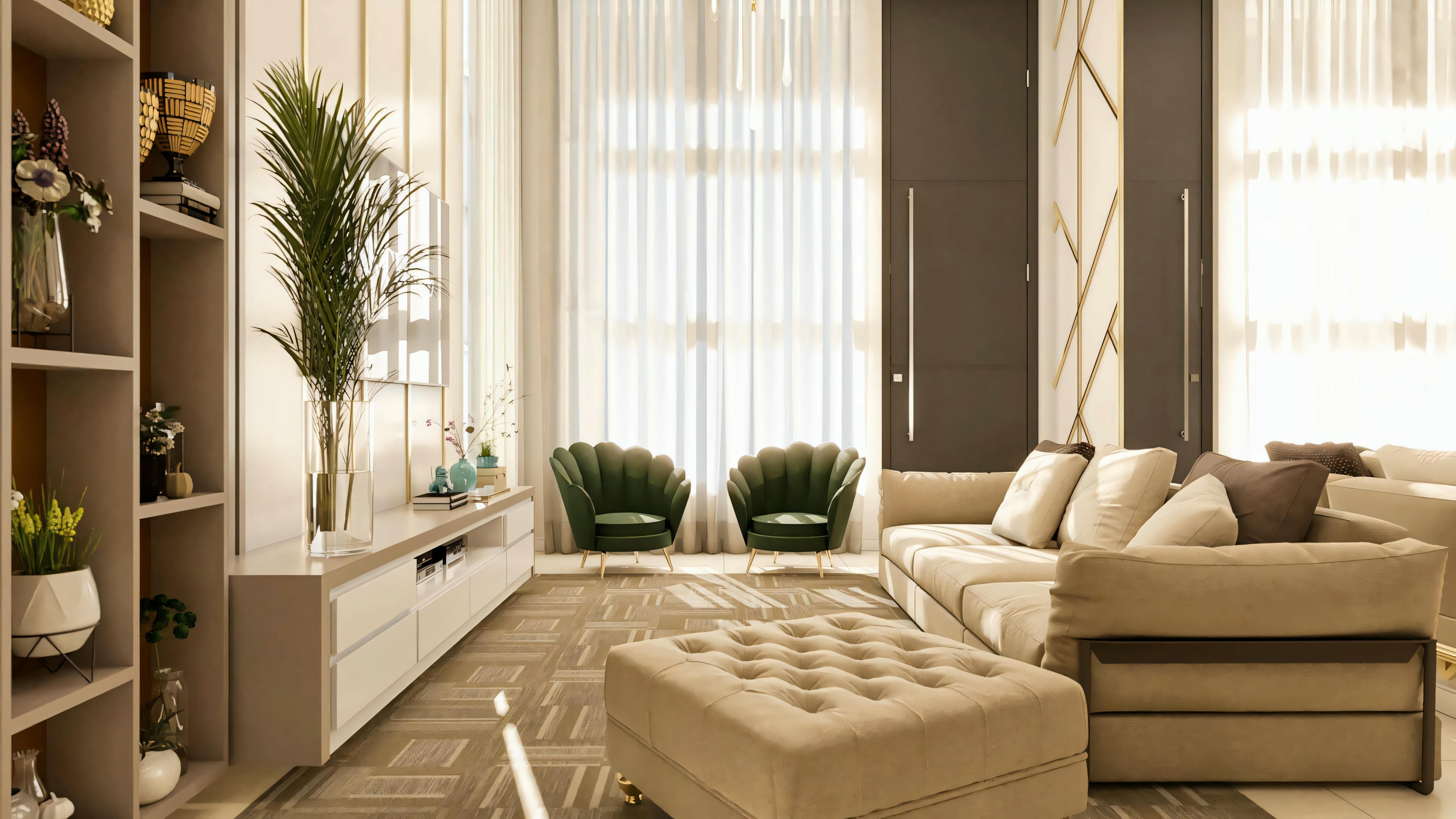 Decorated living room environment in a modern single-story house project with 3 bedrooms, showcasing a comfortable sofa, designer armchairs, TV panel with shelving, rug, and gold details on the wall.