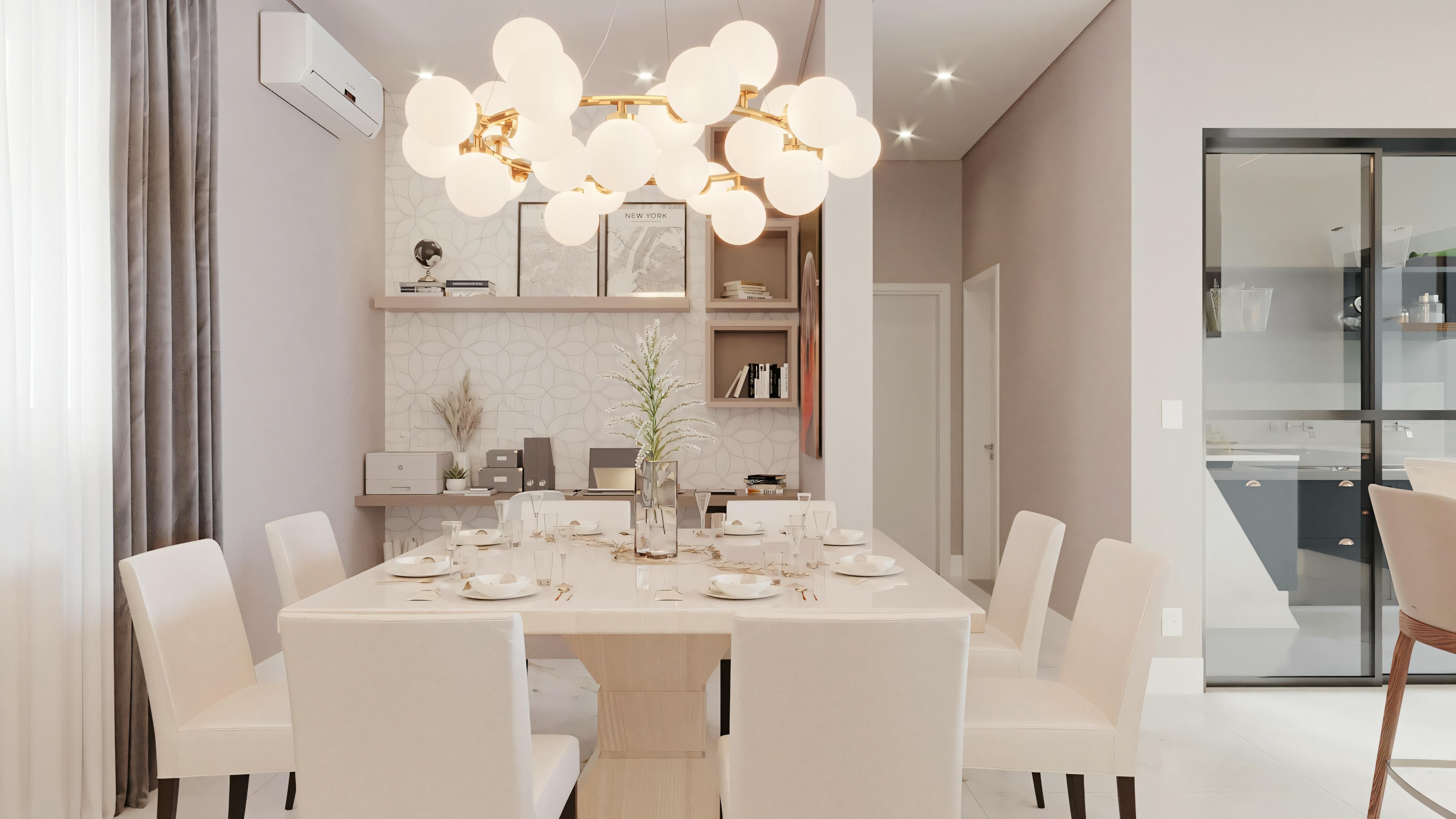 A dining area with a white table for six, surrounded by chairs and illuminated by an artistic ceiling light fixture.