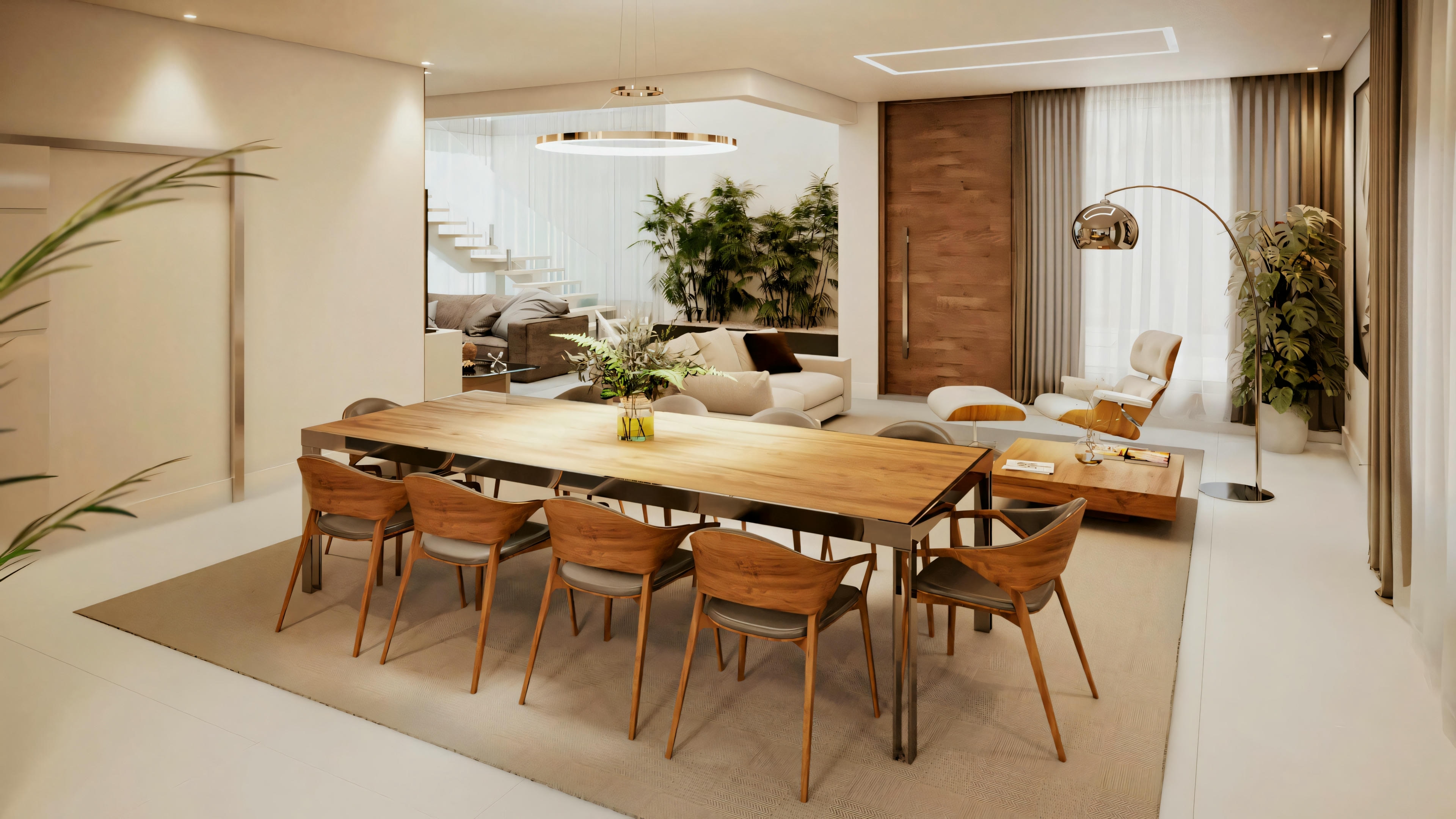 A dining space with a long wooden table and several chairs around it, suggesting an environment for group or family meals.