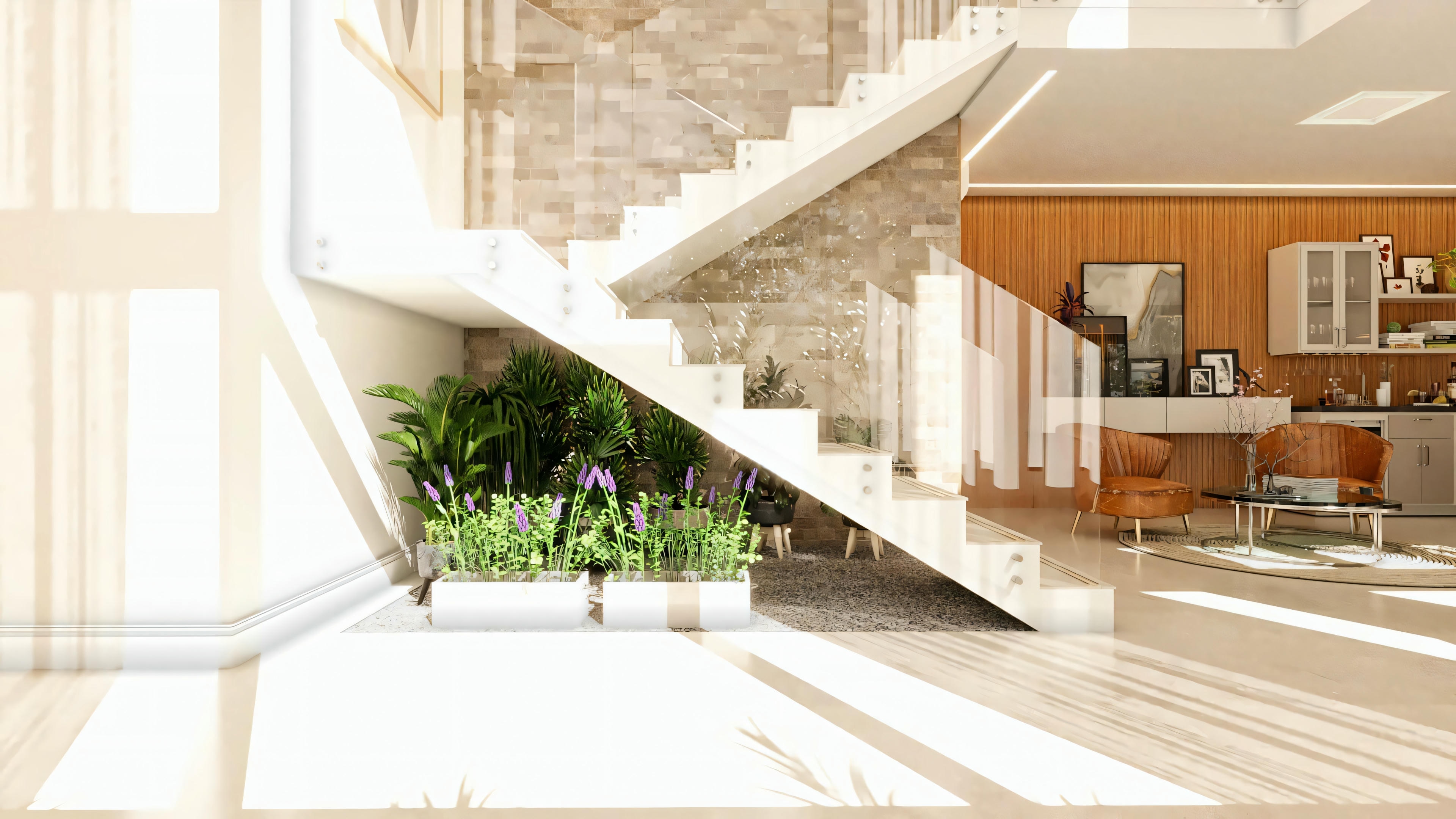 Escalera interna de casa de dos pisos moderna de 330m², con escalones blancos, baranda de vidrio y un jardín de invierno con plantas diversas bajo el vano.