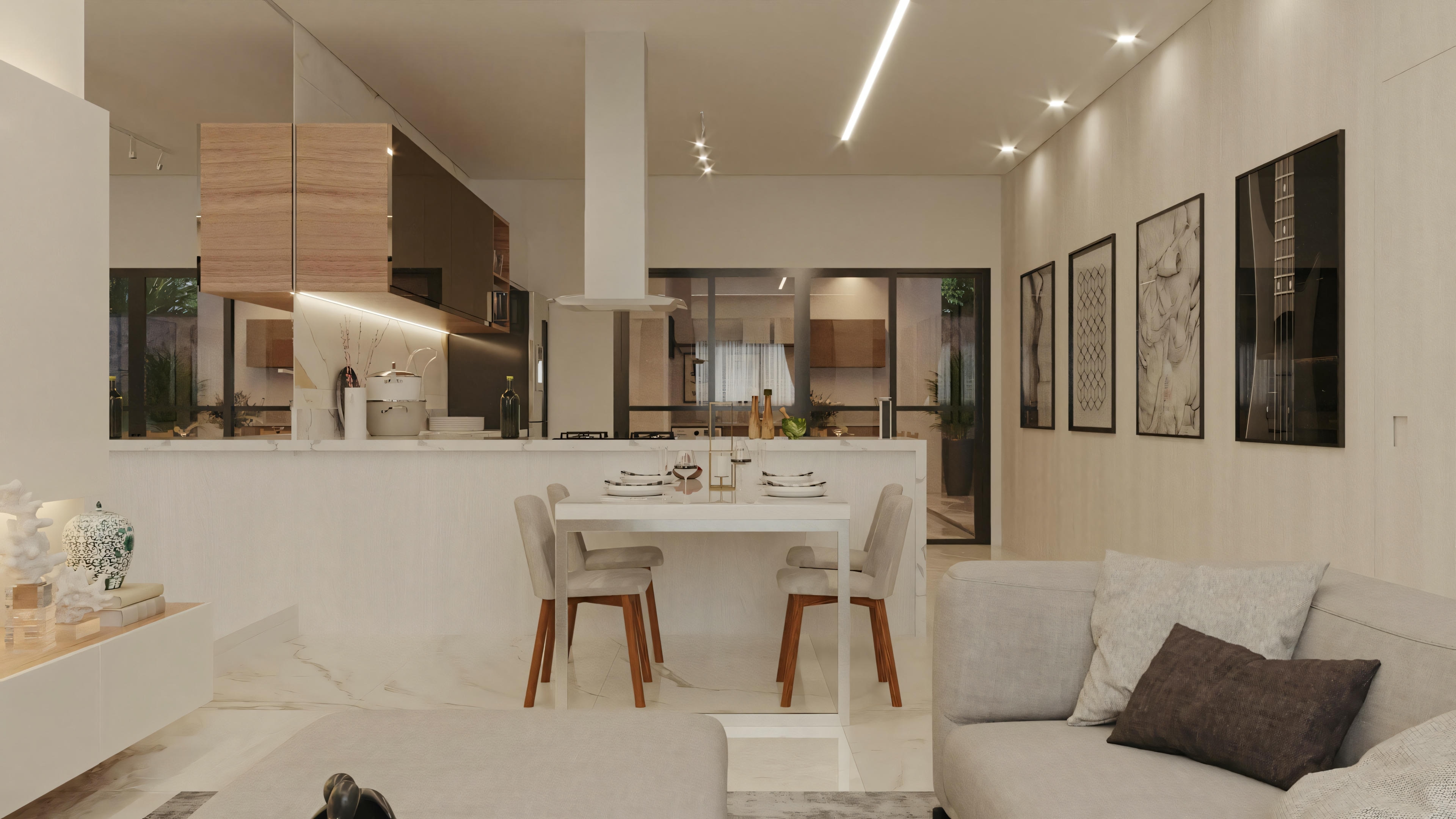Una habitación o sala de estar con zonas de estar y elementos decorativos.