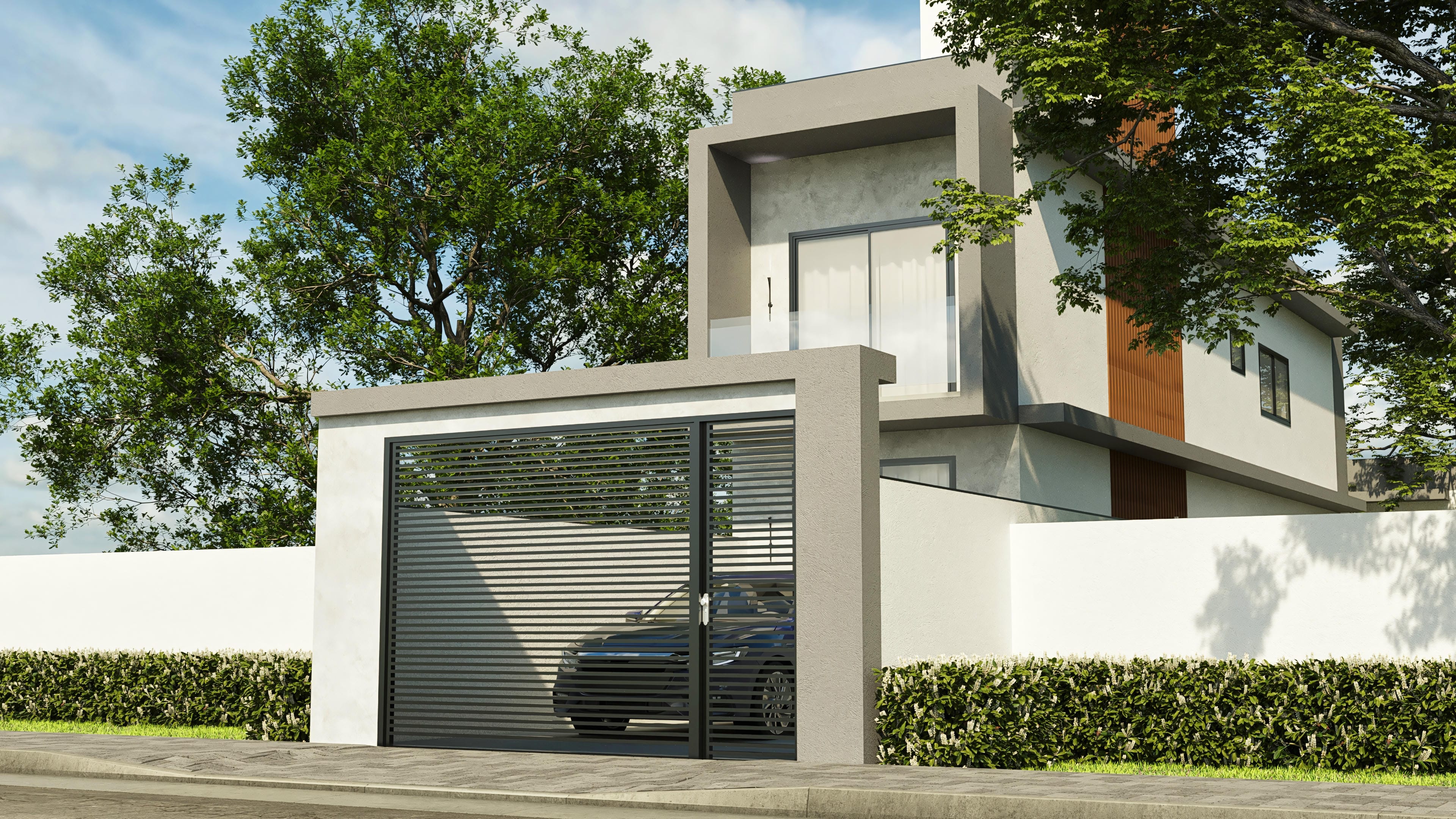 Facade of a modern and compact two-story house with metal pedestrian and garage gates, white wall, and wood details.