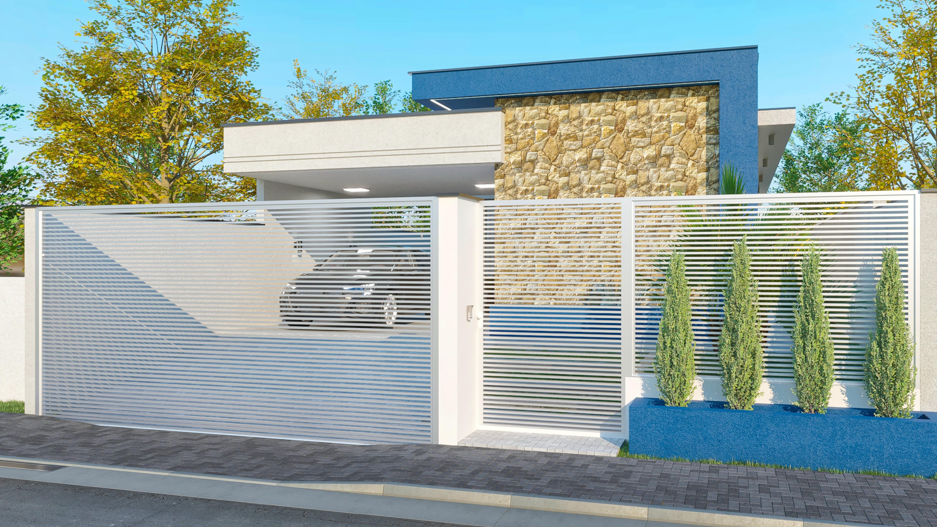 Fachada moderna de casa térrea com revestimento em pedra e detalhes em azul.