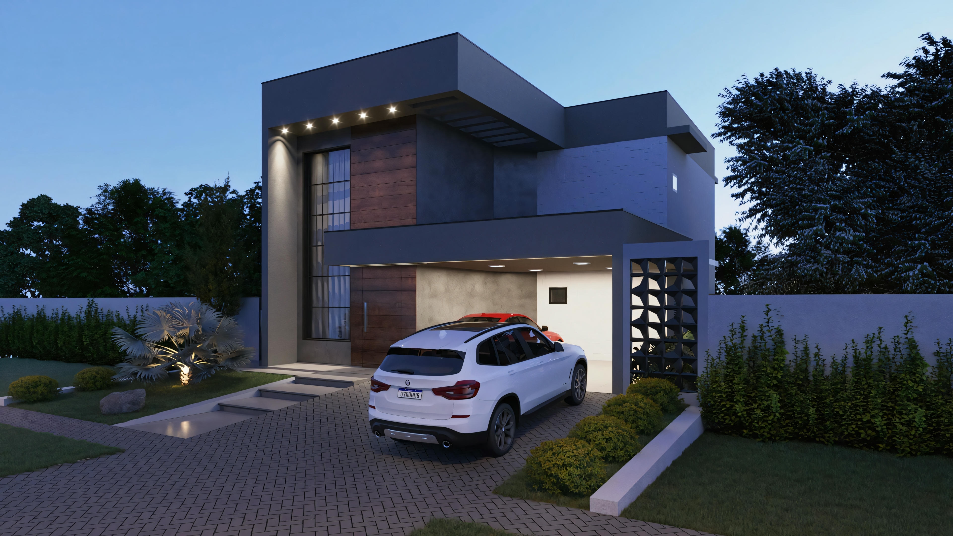 Fachada de una casa moderna durante el crepúsculo, con ventanas iluminadas y luces exteriores, y un coche blanco estacionado en la entrada.
