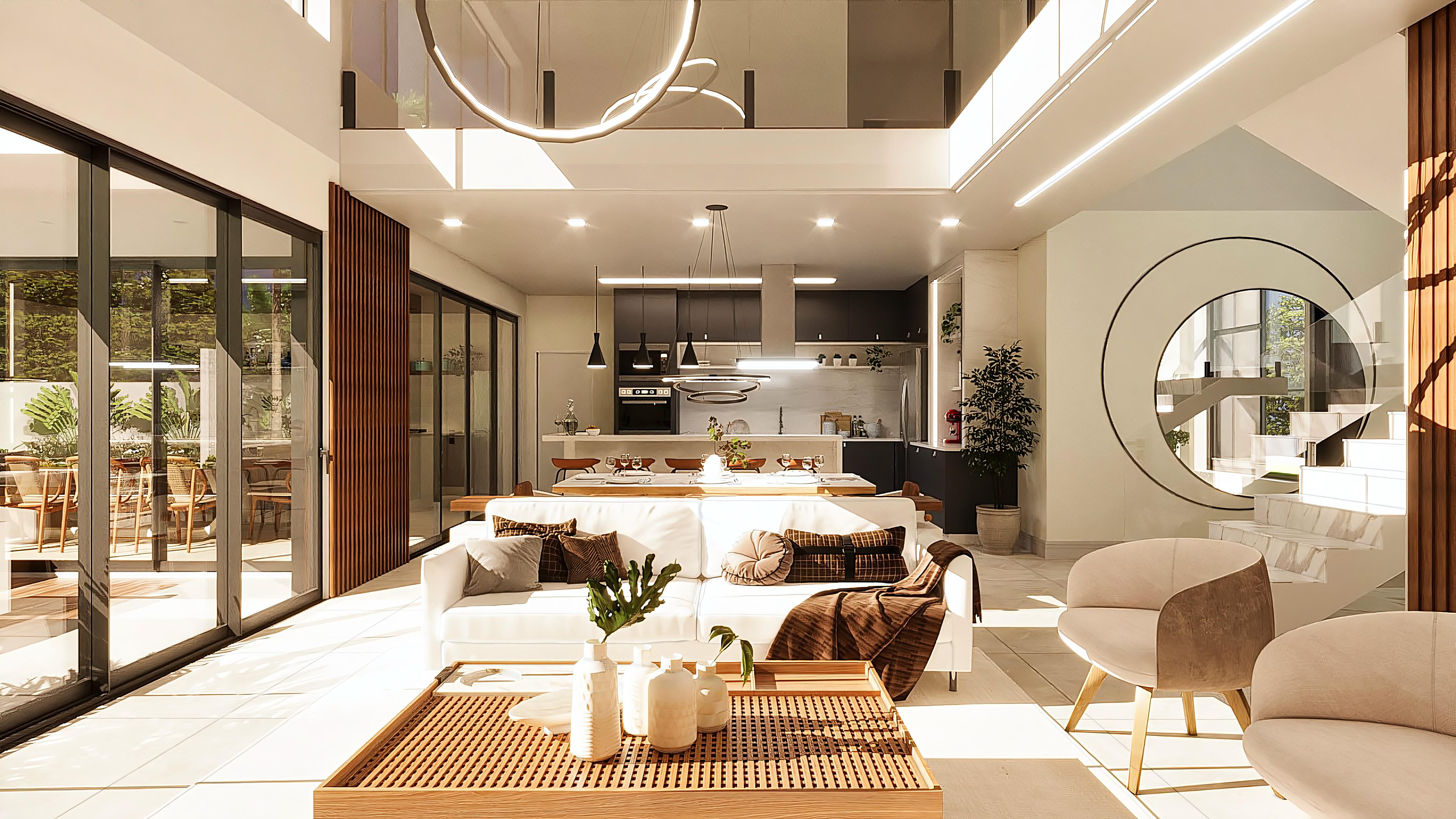 Internal environment of a neoclassical two-story house with large windows, double-height ceiling, furnished living room, integrated kitchen, and modern staircase.