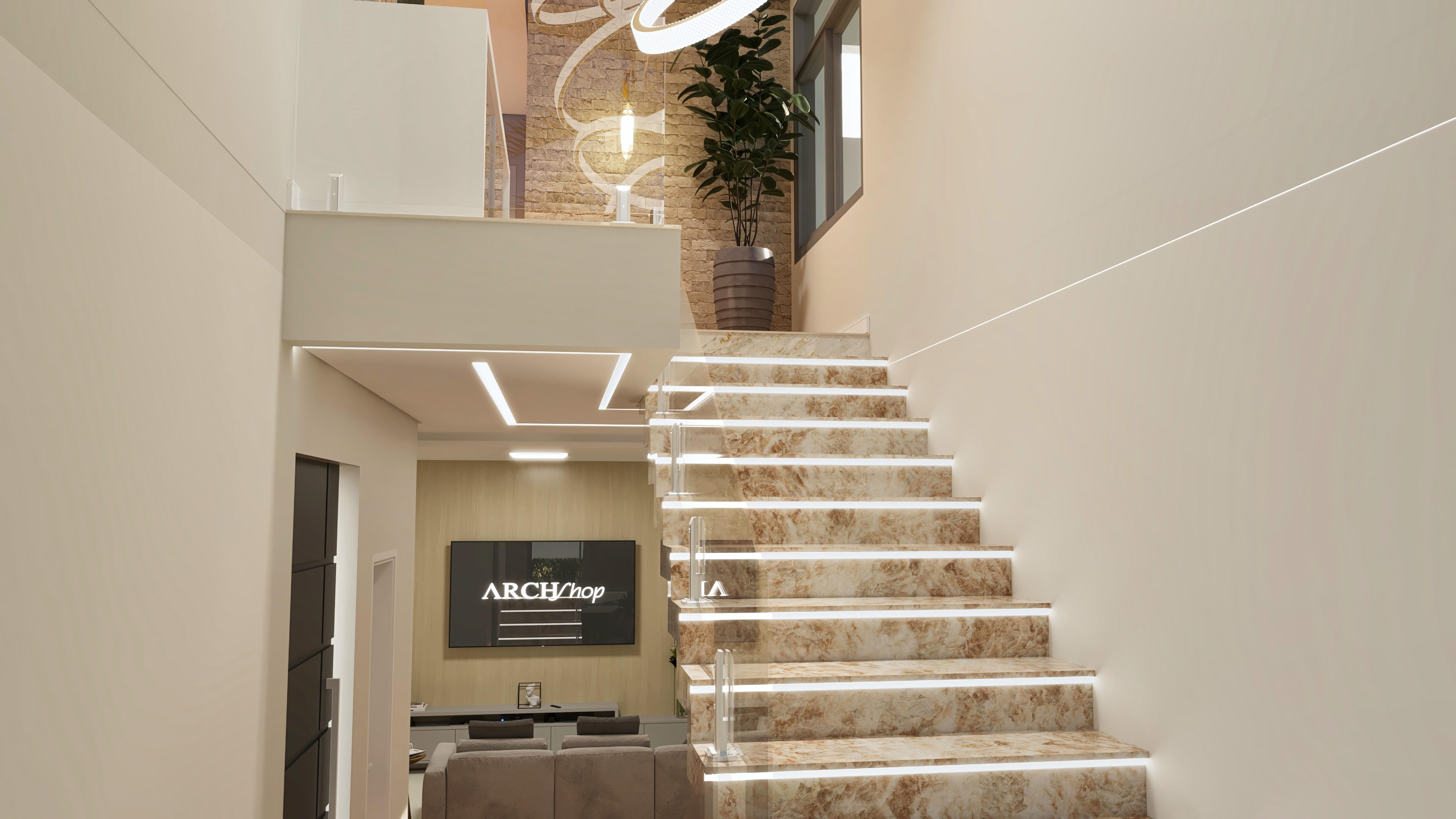 Interior of a two-story house with a modern marble staircase featuring built-in lighting and a glass railing, contrasting with a neutral-toned wall and natural stone details.