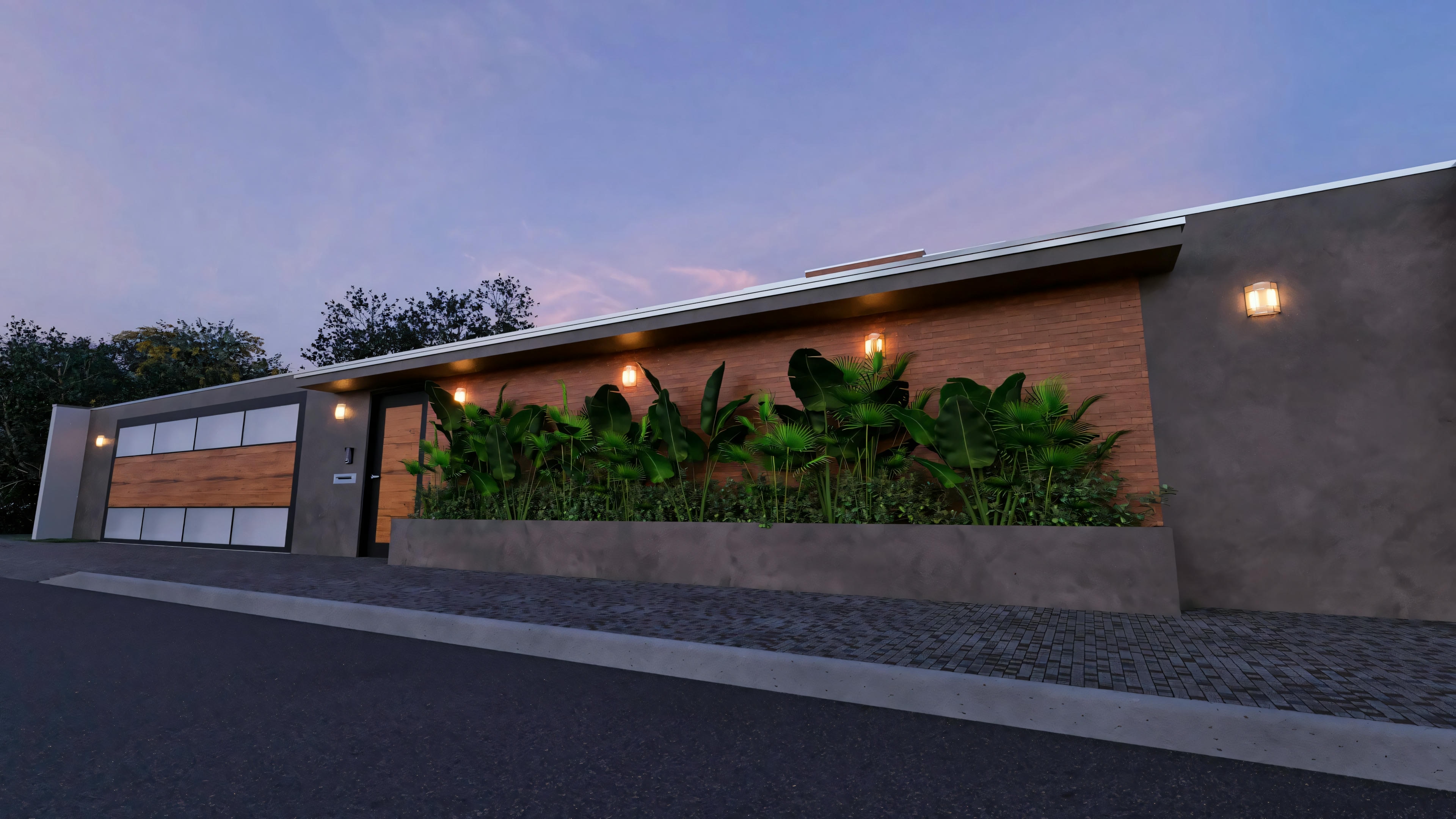 Detail of the night lighting on the front wall with landscaping, part of the bungalow house project with 3 suites and office.