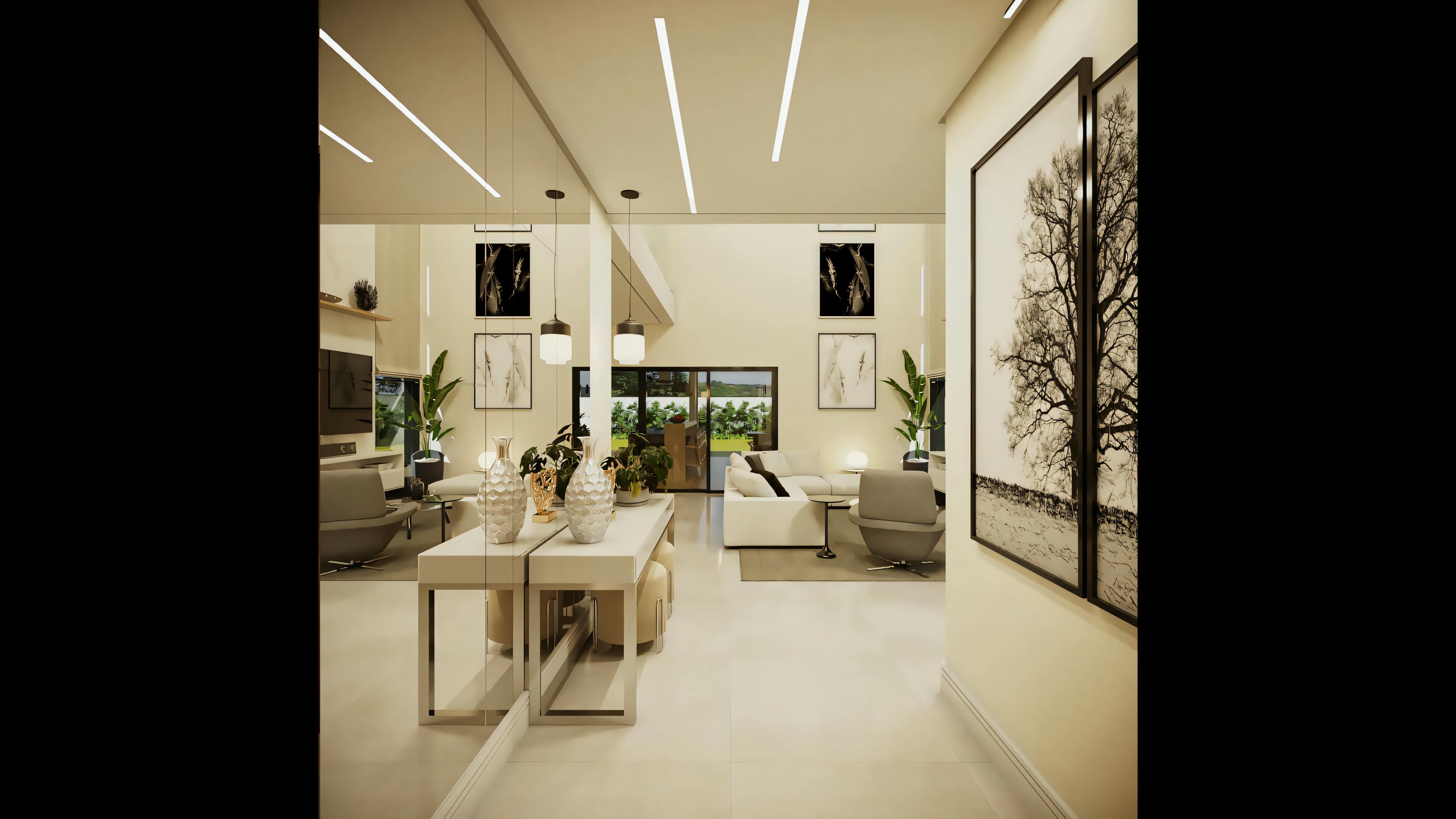 Interior de proyecto de casa lista moderna con 368.67m². Hall de entrada o pasillo que conduce a la sala de estar, con diseño contemporáneo, iluminación empotrada, espejo y vista al área exterior.