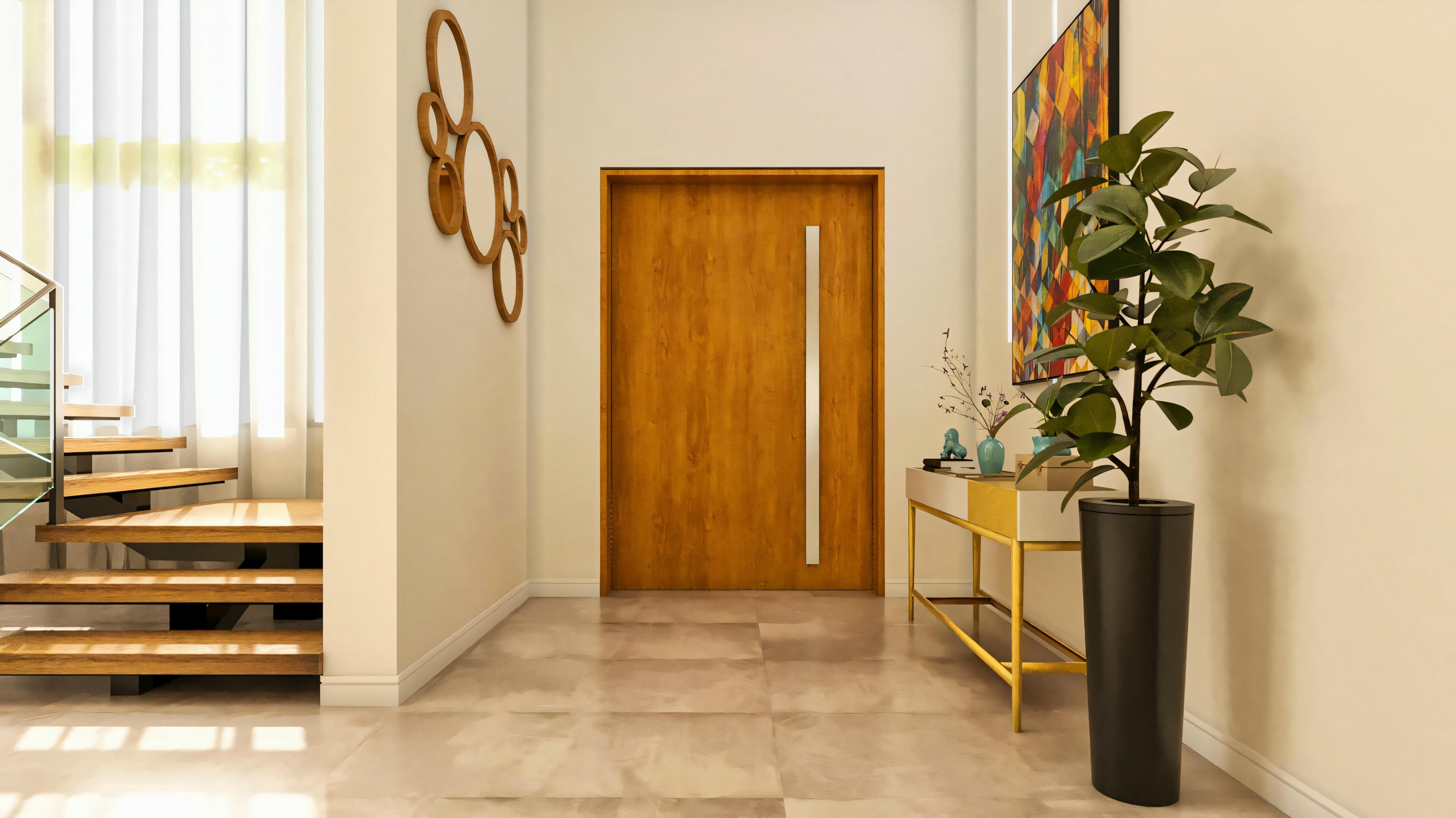 Interior del hall de entrada de proyecto de casa moderna. Detalle de la puerta pivotante en madera, piso en porcelanato, escalera con peldaños de madera y decoración contemporánea con consola y planta.
