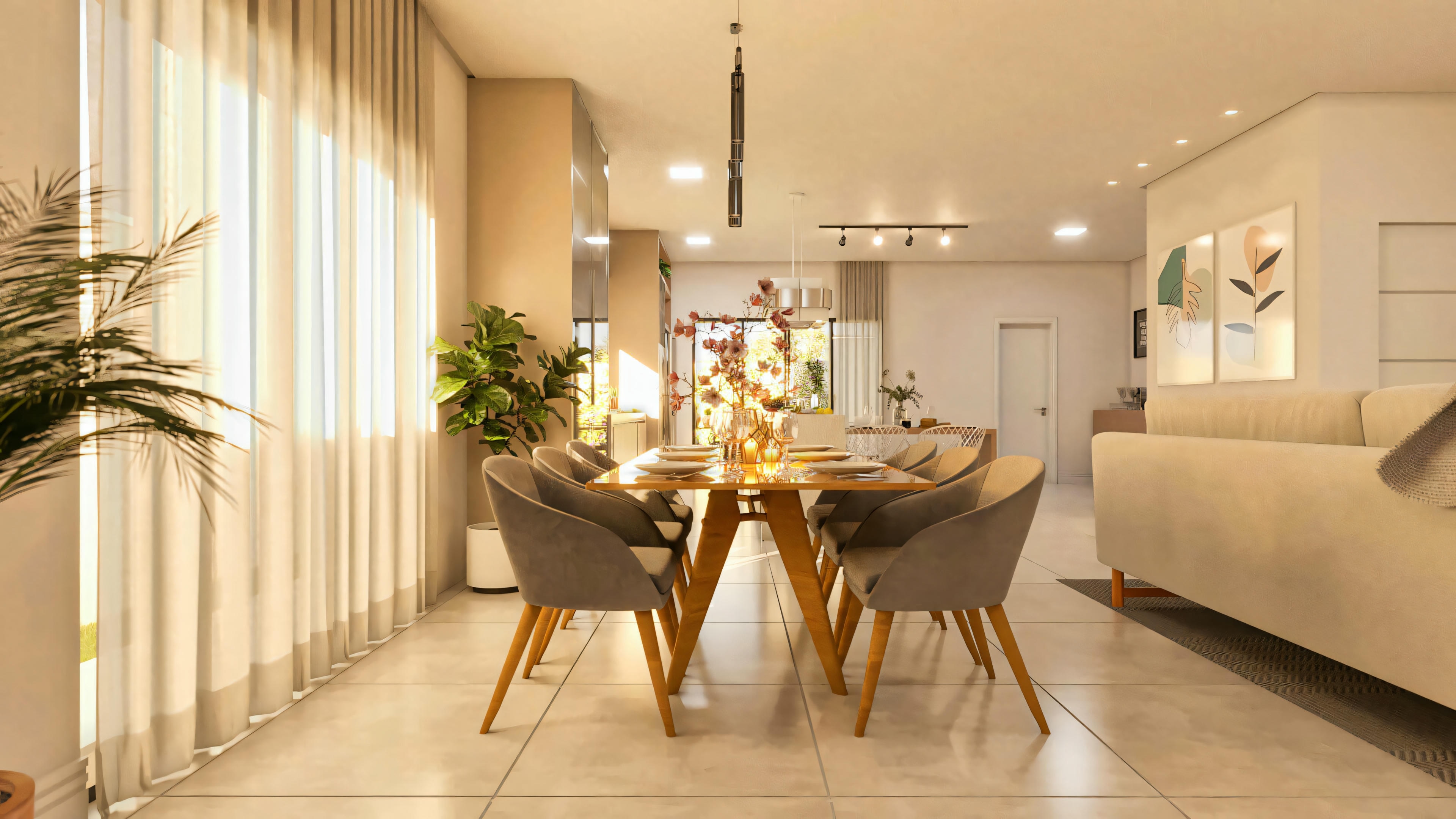 Sala de jantar integrada à sala de estar no sobrado moderno em terreno 10x25. Mesa de jantar de madeira com cadeiras estofadas, iluminação pendente e piso em porcelanato.