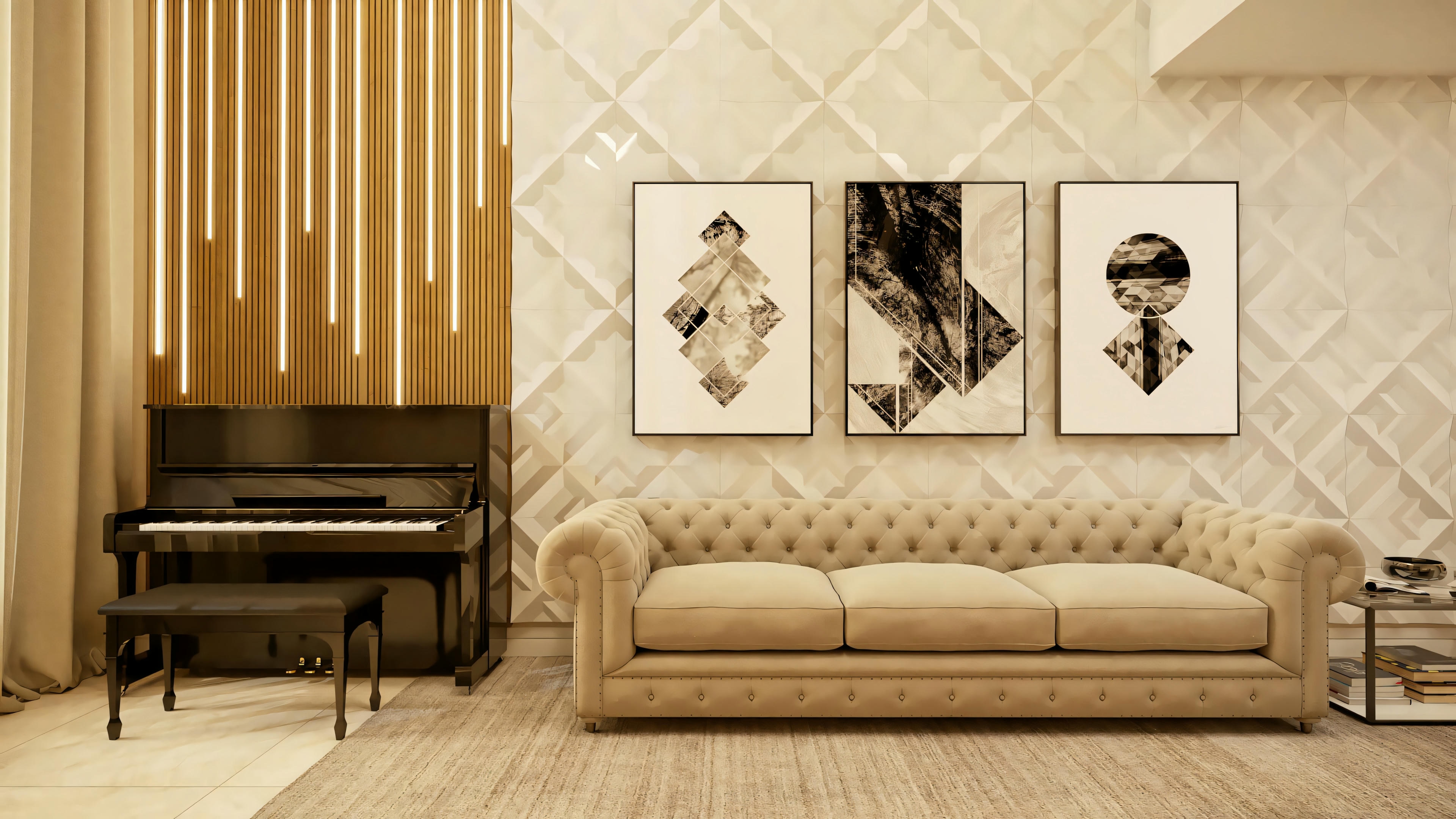 A living room with a beige sofa, small black piano, and three pictures on the wall.