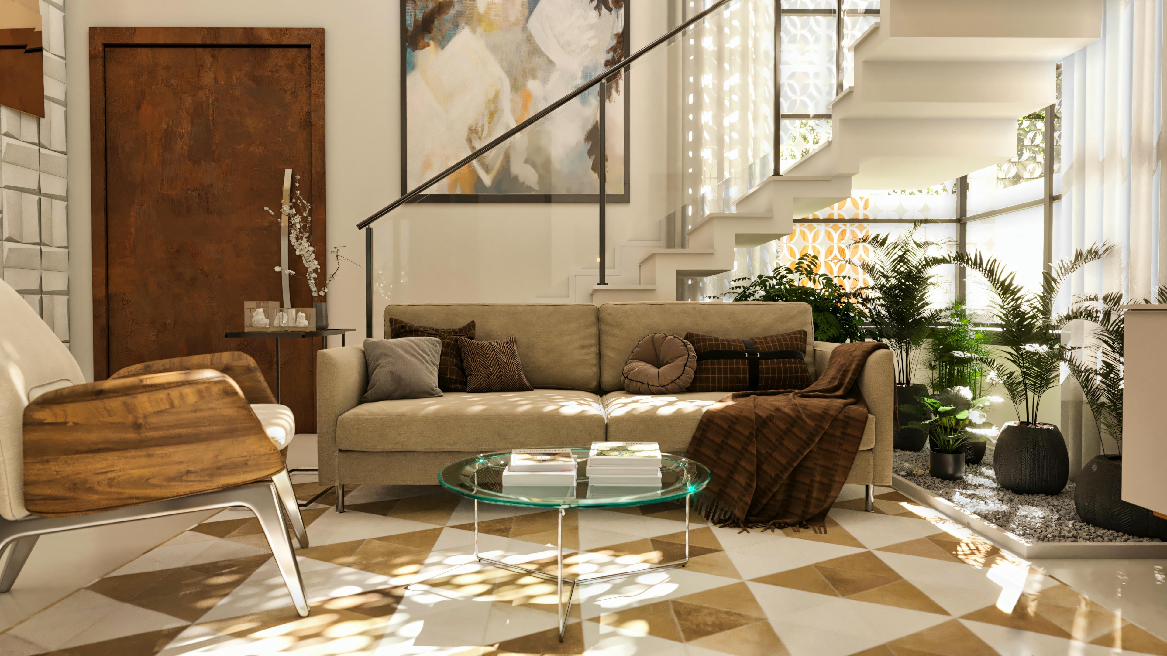 Living room decor in a modern 394.84sqm house project, 4 suites, and pool. Ambiance with white steps staircase and black metal railing, geometric patterned floor in neutral tones, beige sofa, wood and leather armchair, glass coffee table, and indoor garden under the staircase.