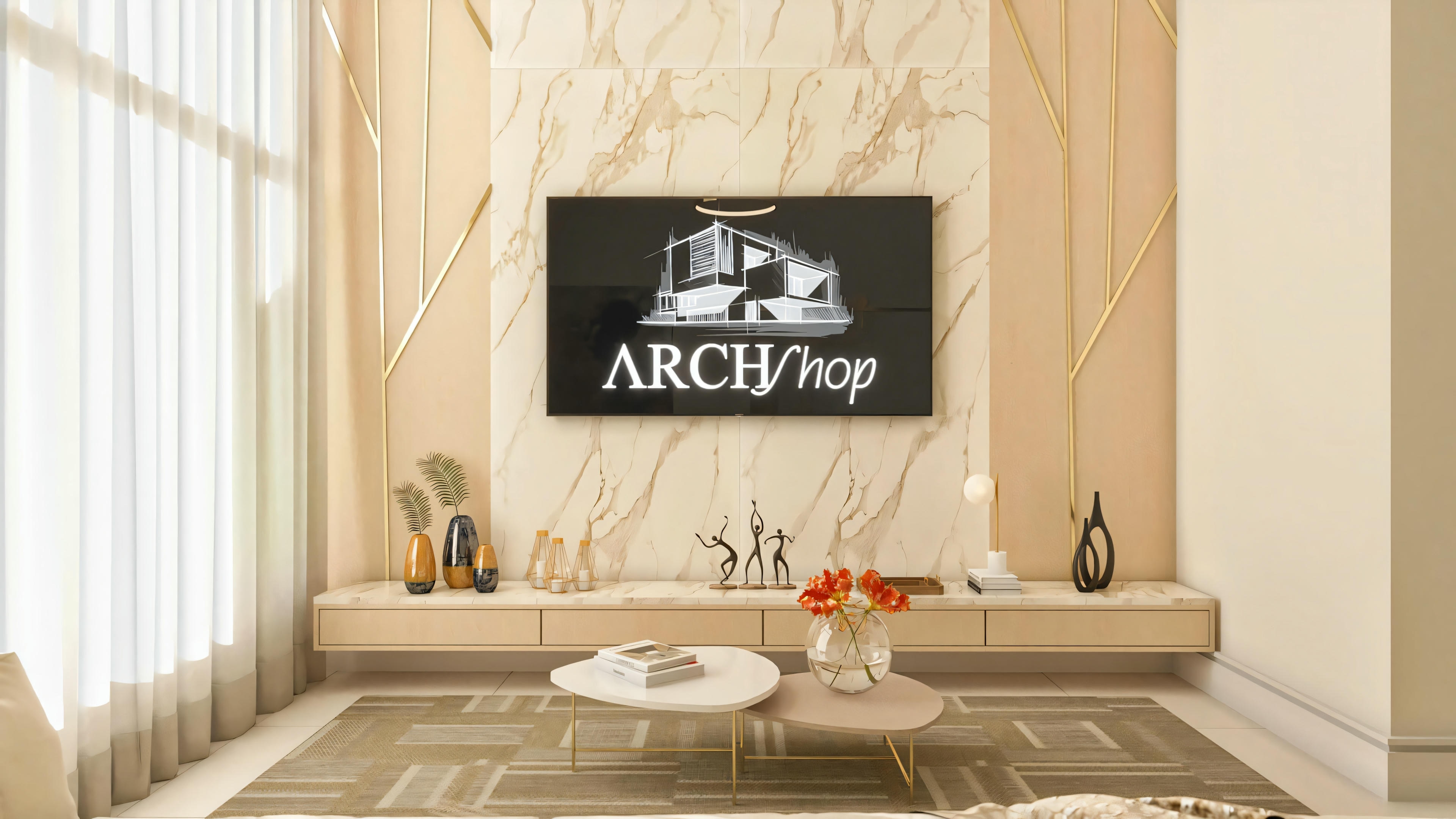 Living room interior of a ranch house with 3 bedrooms, showing a modern TV panel with marble-simulating cladding and golden metallic friezes. Suspended rack, coffee tables, carpet, and decoration complete the environment.