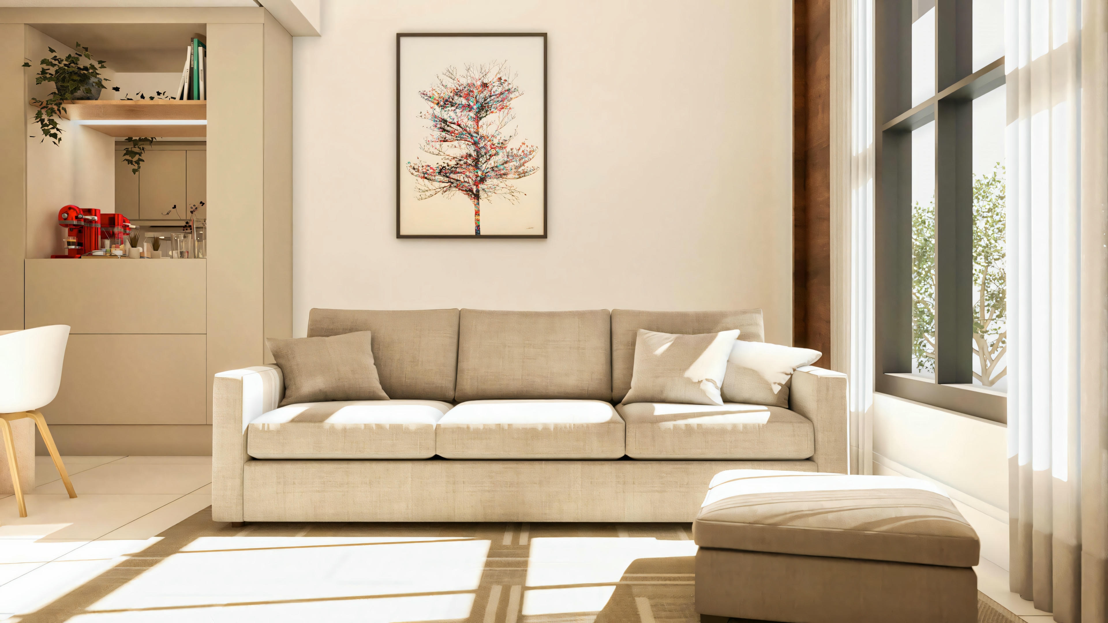 Living room with window in front and integrated kitchen.