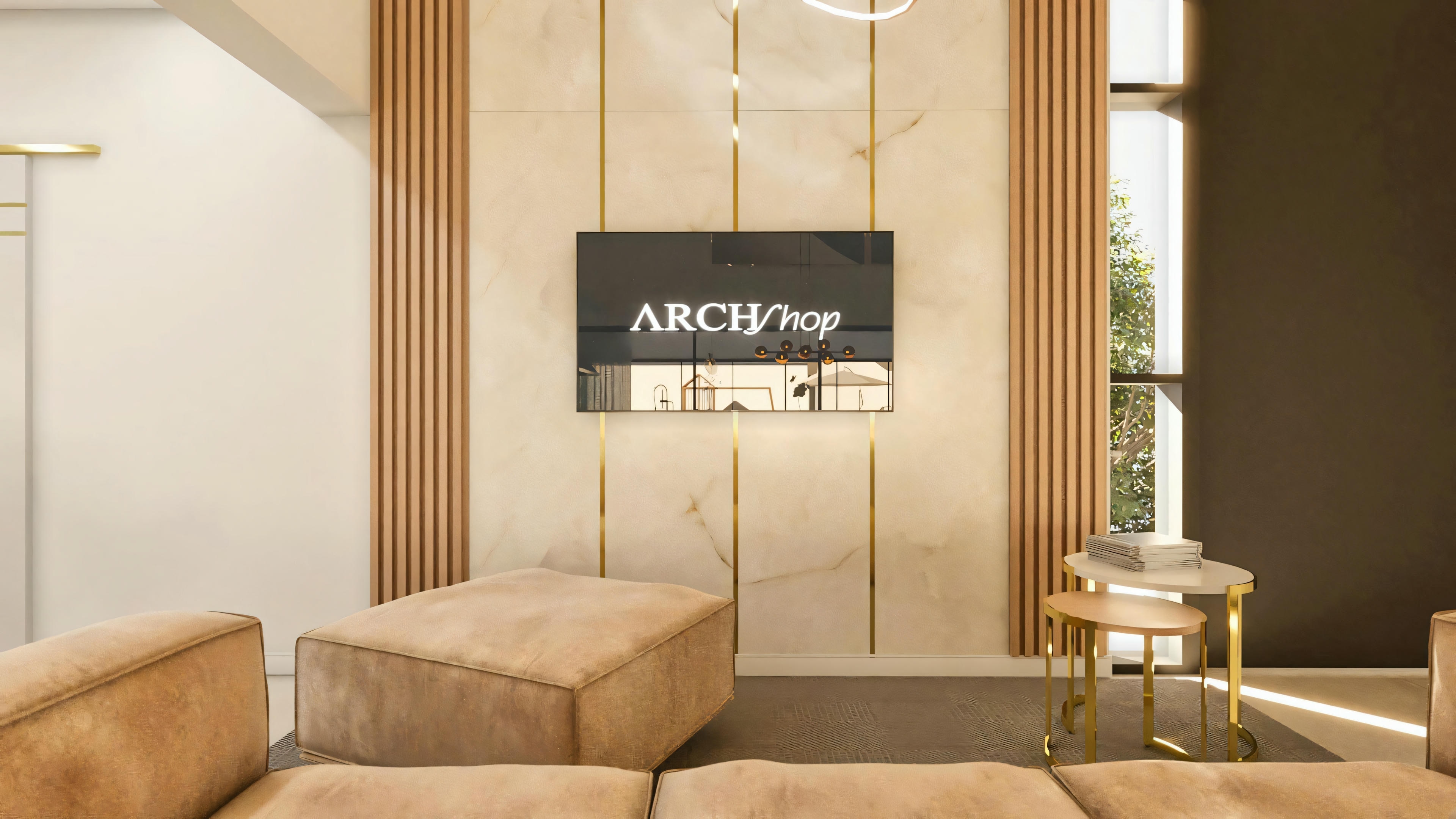 Interior detail of a luxury residential project, showcasing a living room with a modern TV panel, marble cladding, and wood and metal details.
