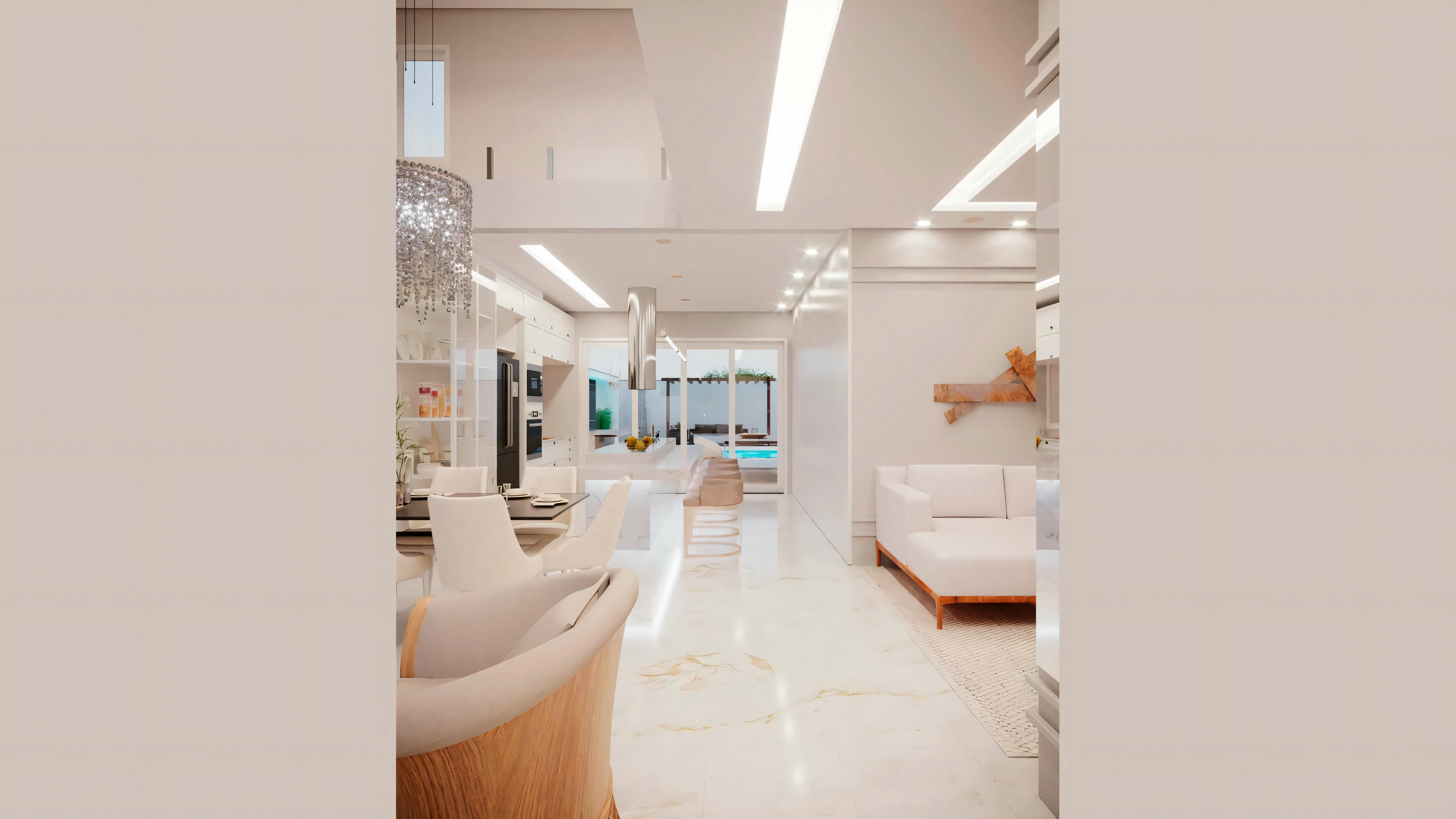 Bathroom with modern design, sink with large mirror, and soft lighting.