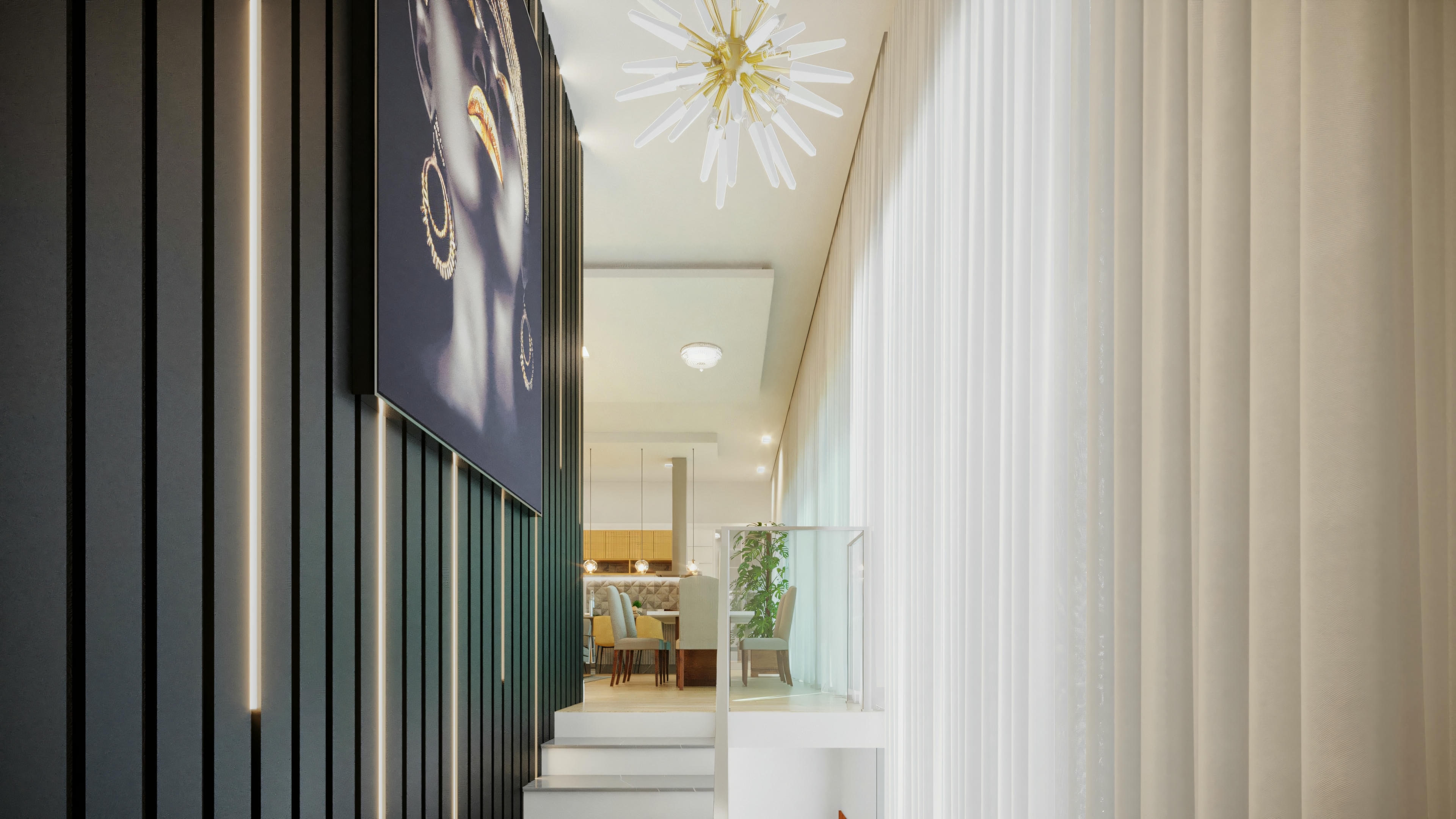 Interior design of the circulation hall in a contemporary house with 3 suites, pool and gourmet area. The image displays a wooden slatted panel with built-in lighting, artwork, flowing curtains, designer chandelier and access to other rooms of the 335.08sqm house, designed with an office.