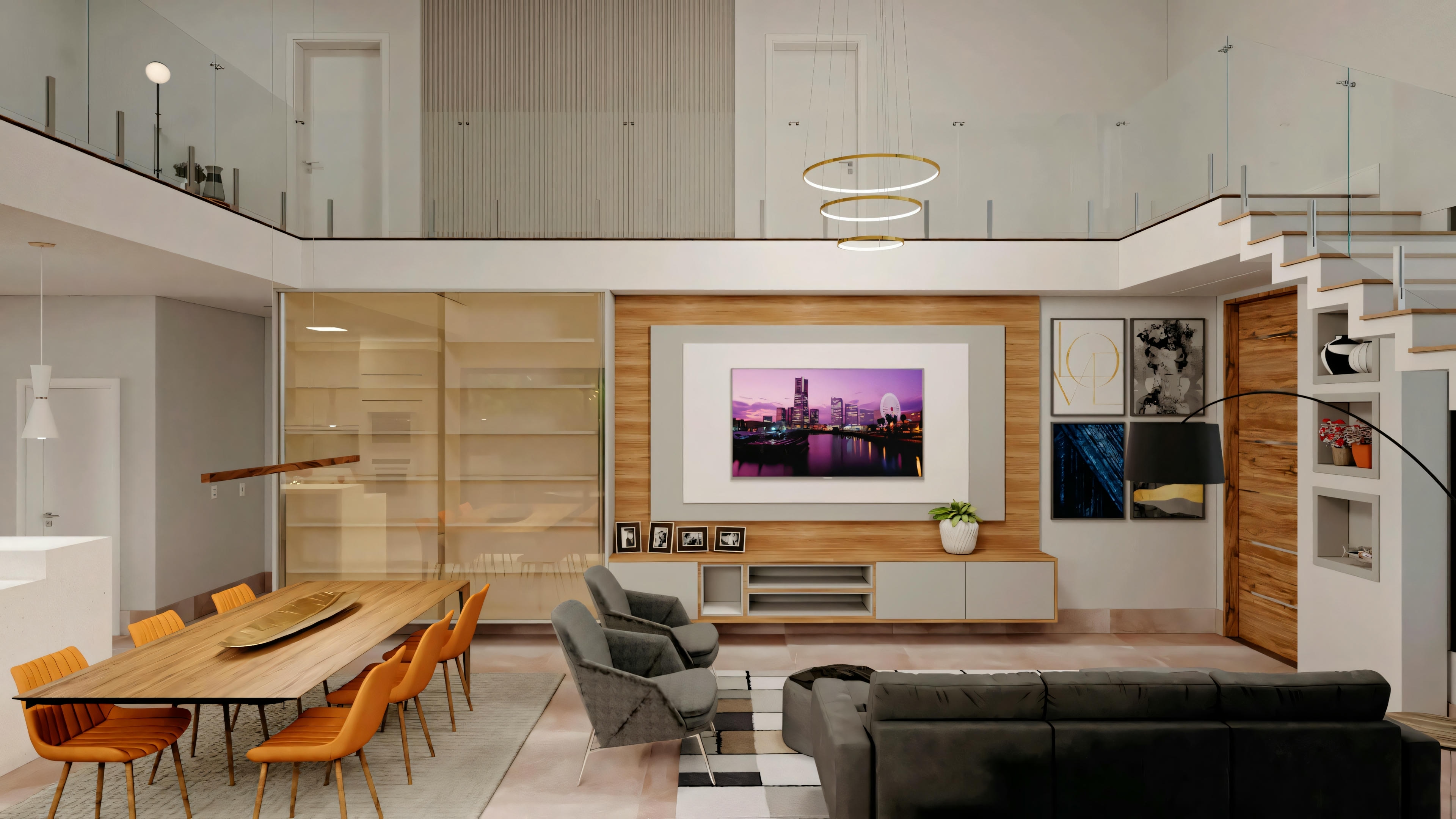 Entrance hall with staircase and minimalist decoration.
