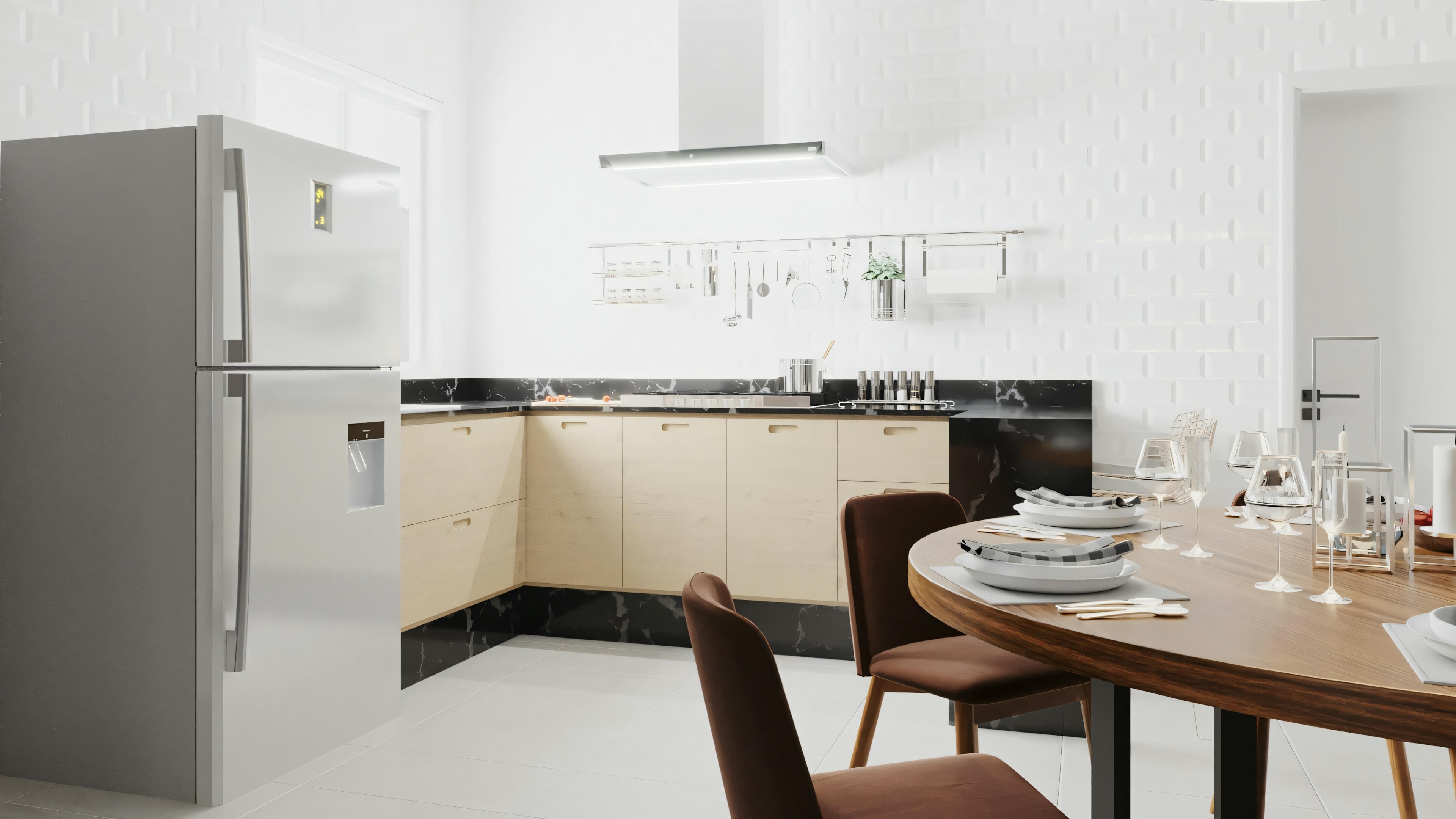 A modern kitchen with appliances, white cabinets, a dining table for two, and pendant lights above the table.