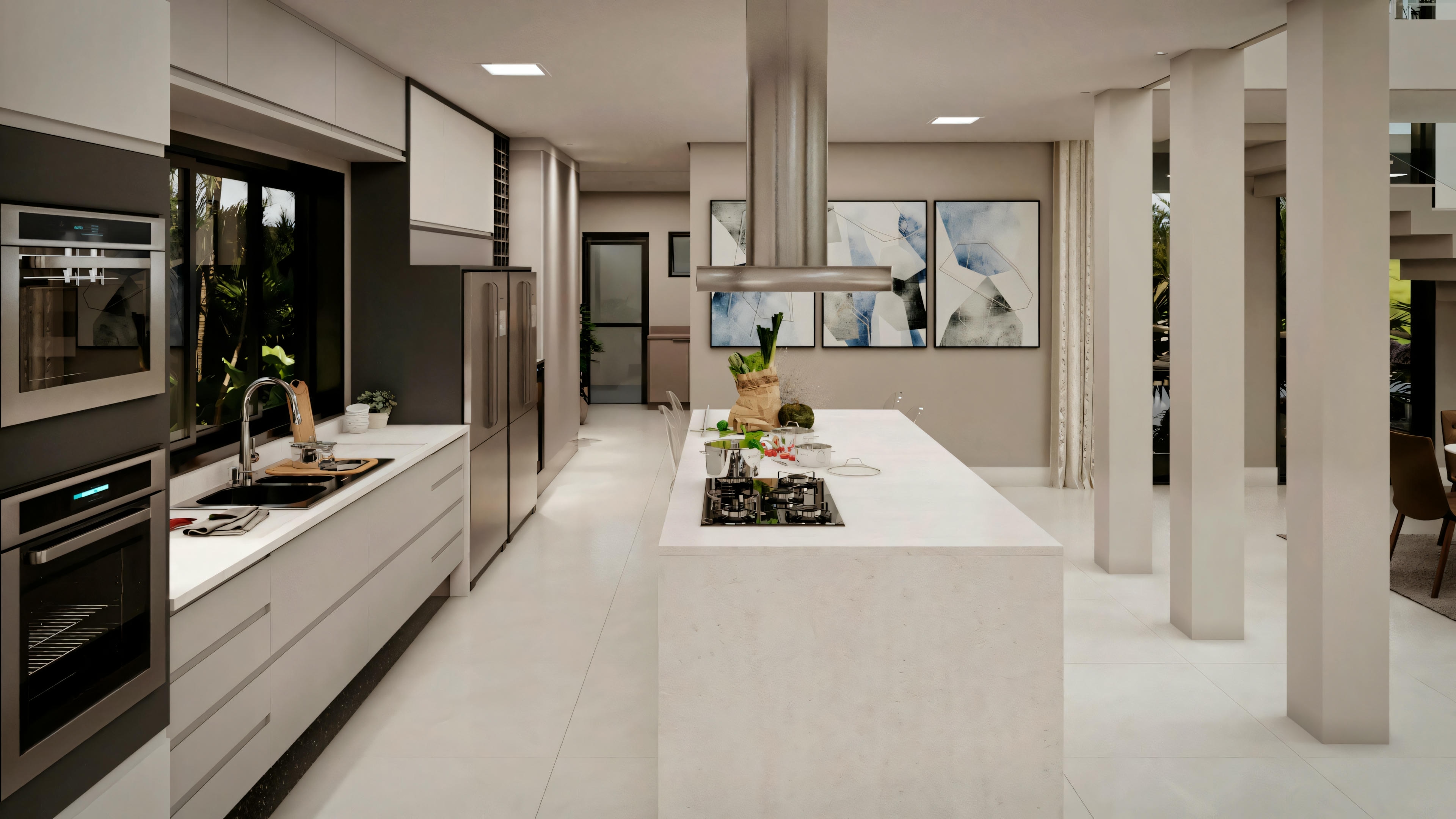 Modern kitchen with appliances, long counter, and pendant lighting.