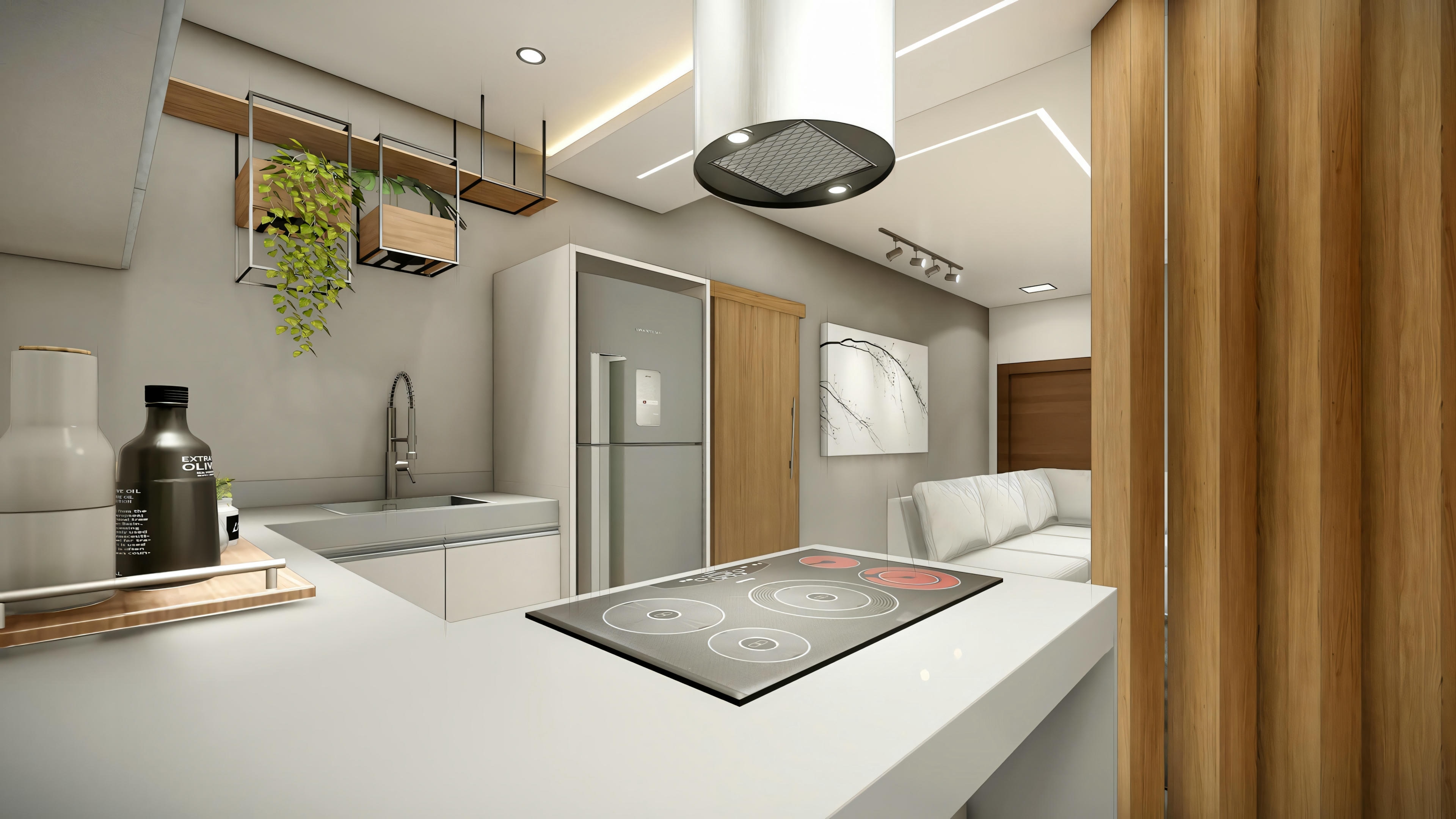 A modern kitchen with wood finishes, built-in appliances, and a central island.