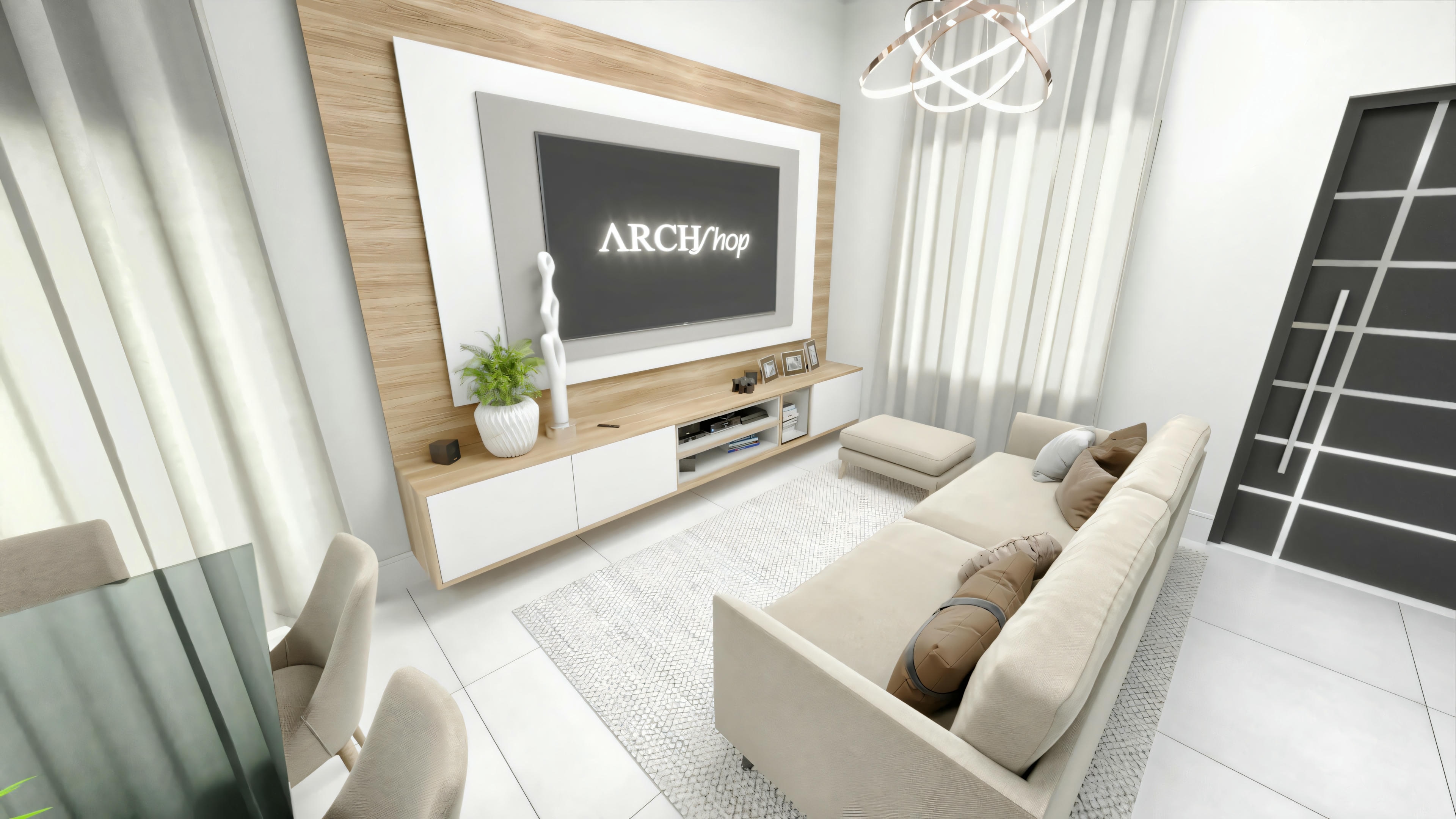 A modern living room with a sofa, armchair, coffee table, and shelves, with a large screen.
