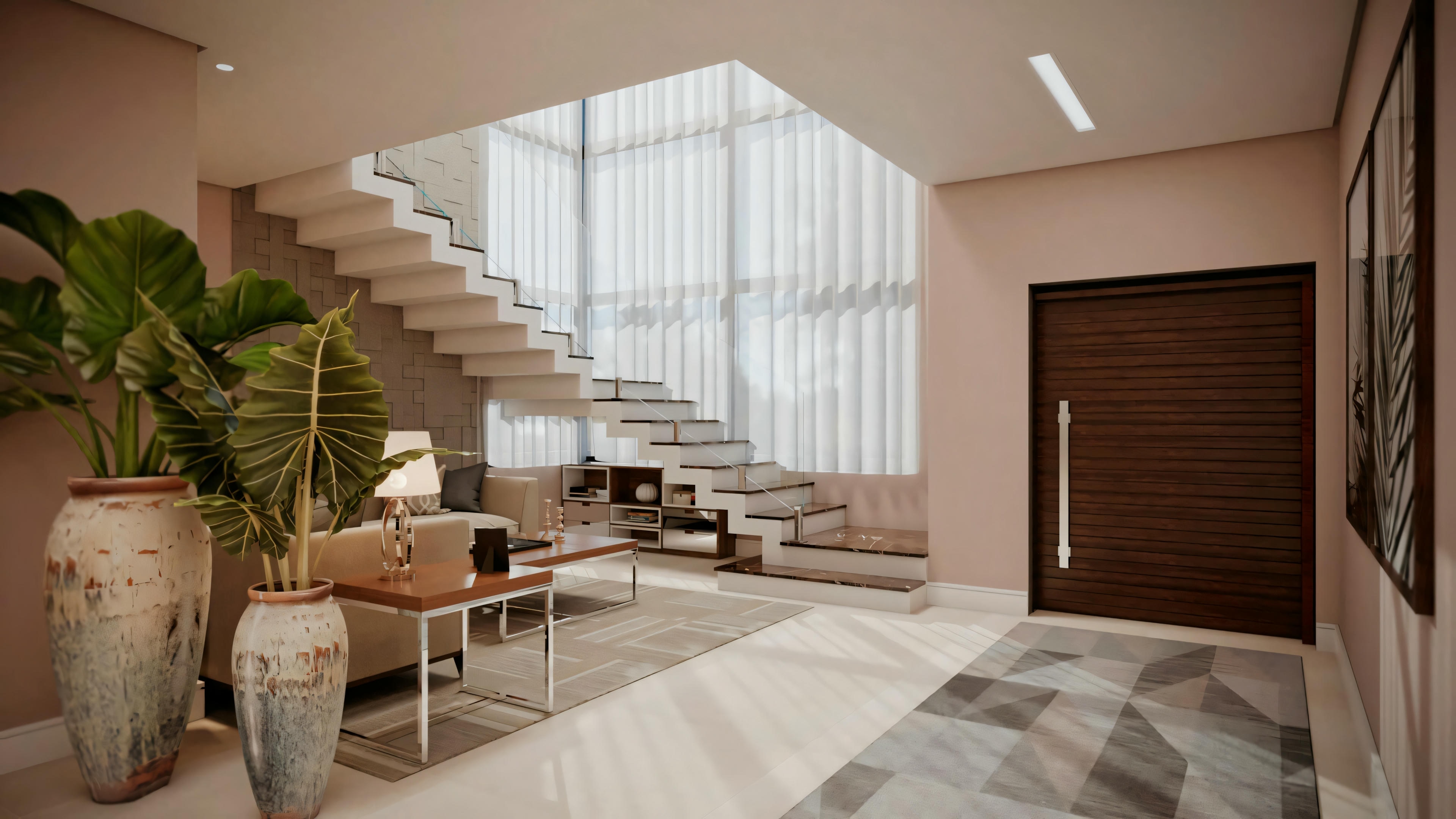 A staircase leading to an upper level, flanked by more plants and illuminated by overhead lights.