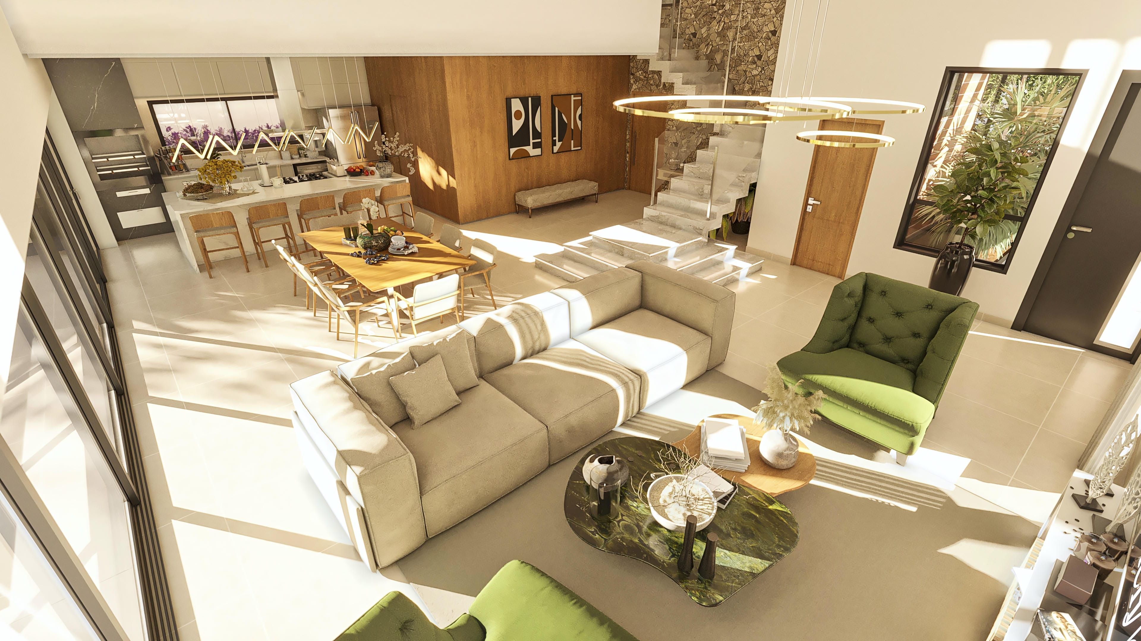 Integrated environment with a modern gourmet kitchen, spacious living room, and marble staircase with a stone wall. Highlights on elegant furniture and cozy lighting.