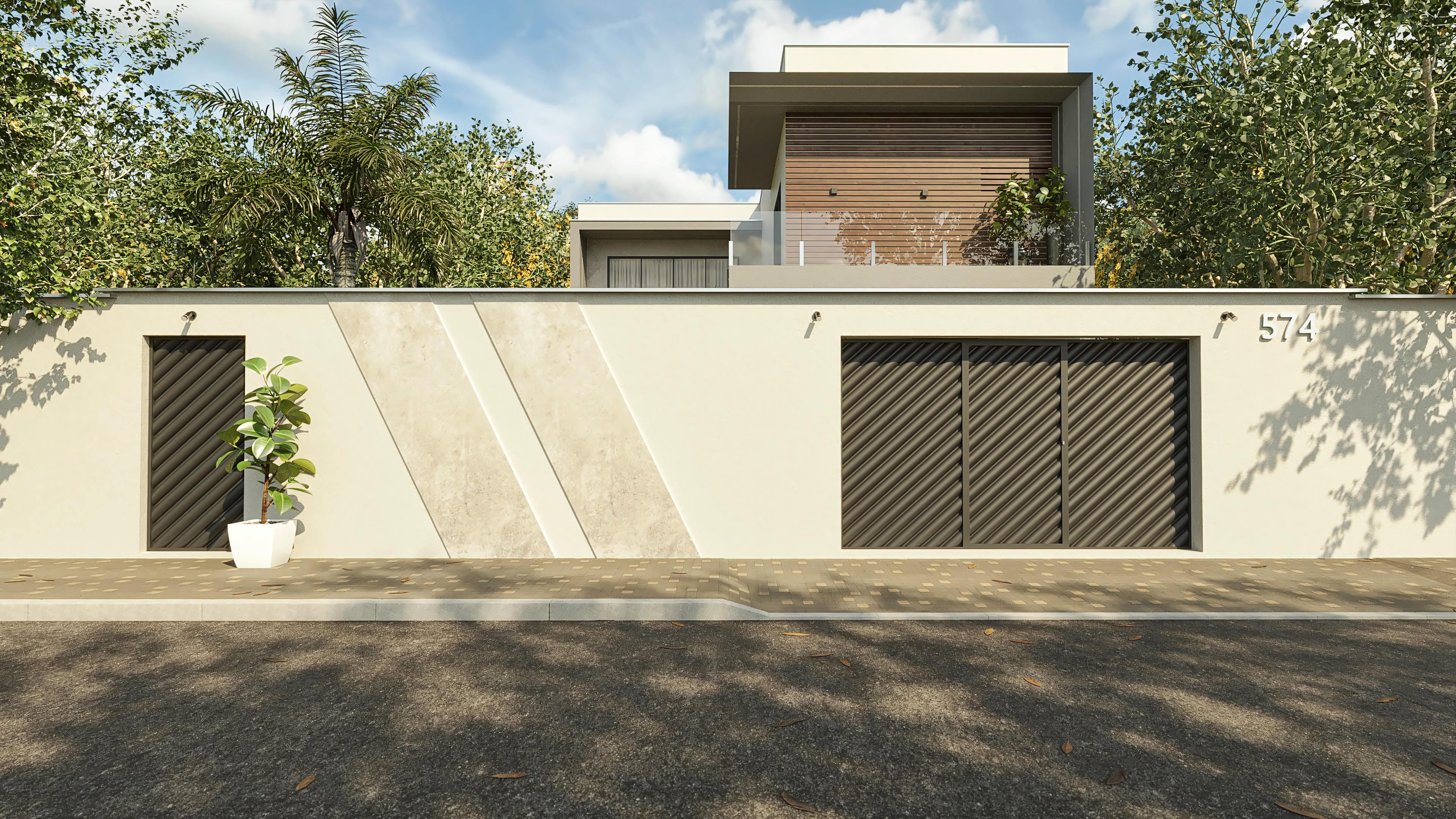 Modern facade of a two-story house with 4 suites and a gourmet area with a pool. The project features striking volumes, the use of wood, neutral-toned cladding, and integrated landscaping.