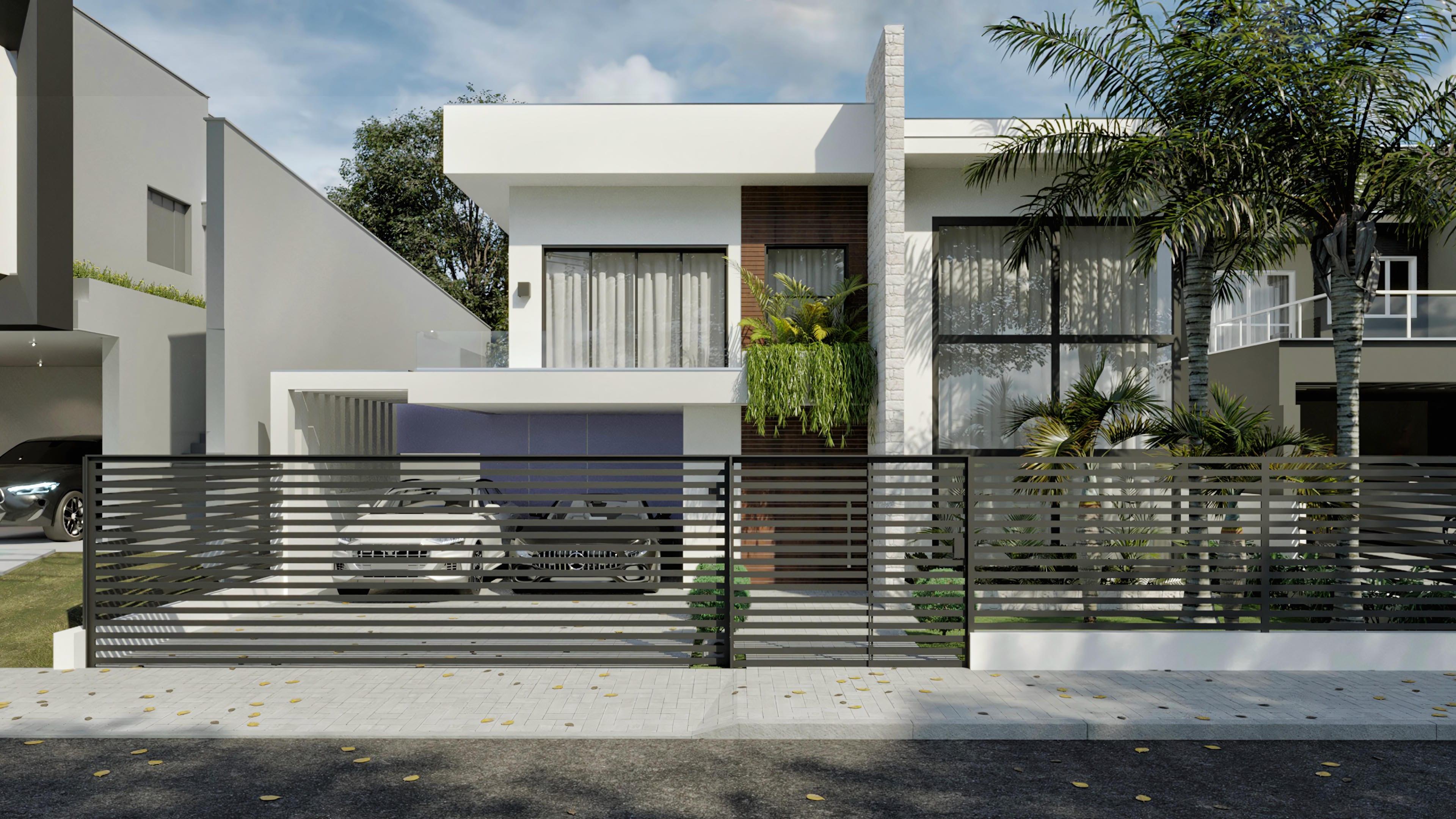 Modern two-story house facade with light volumes, stone and wood details, large windows, balcony and lush vegetation. Contemporary and elegant design.