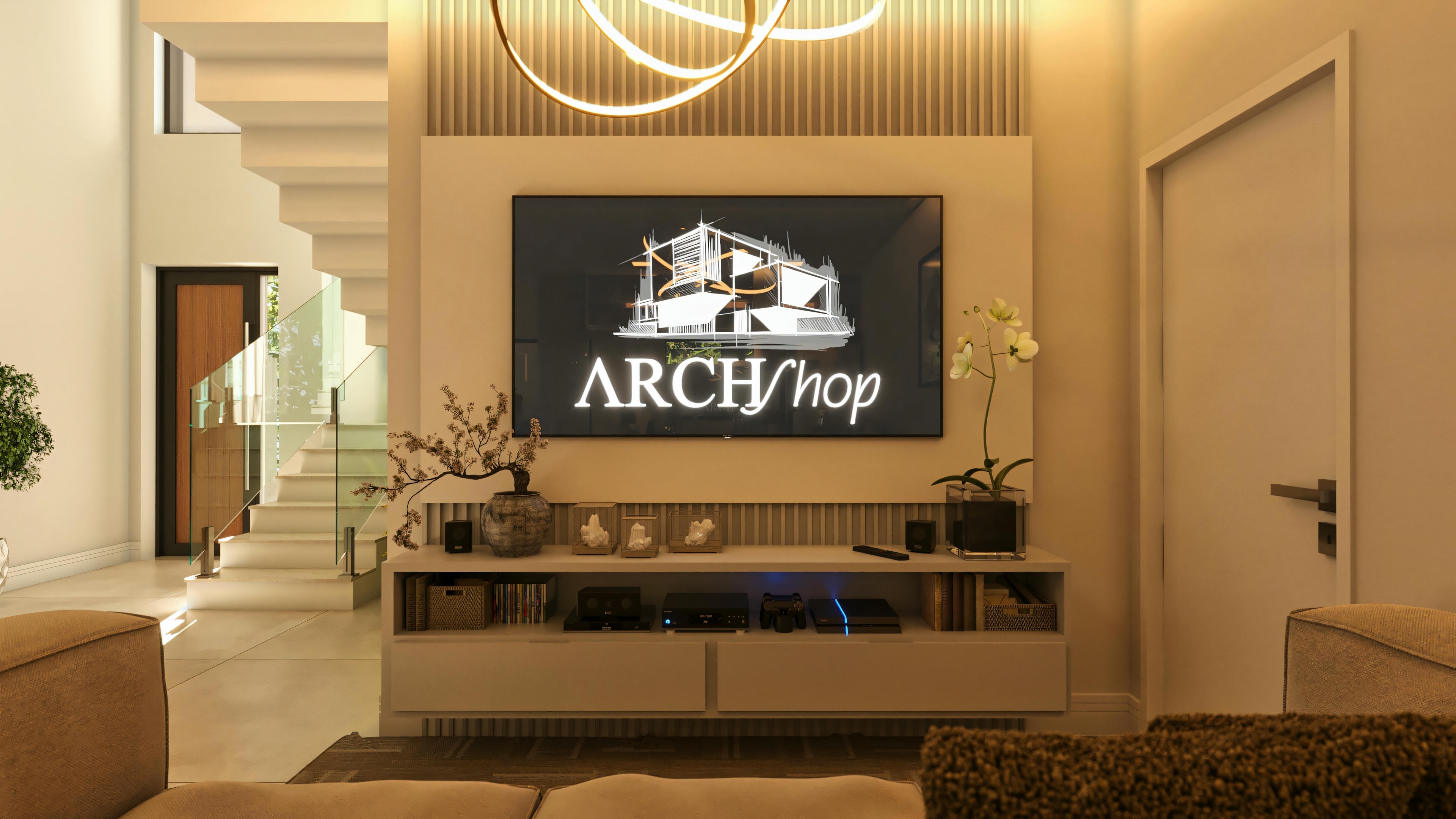 Interior design of the TV room in a modern two-story house. Highlight for the slatted wood panel, rack, circular pendant lighting, and modern staircase with glass railing in the background. Part of the 210.57sqm two-story plan.