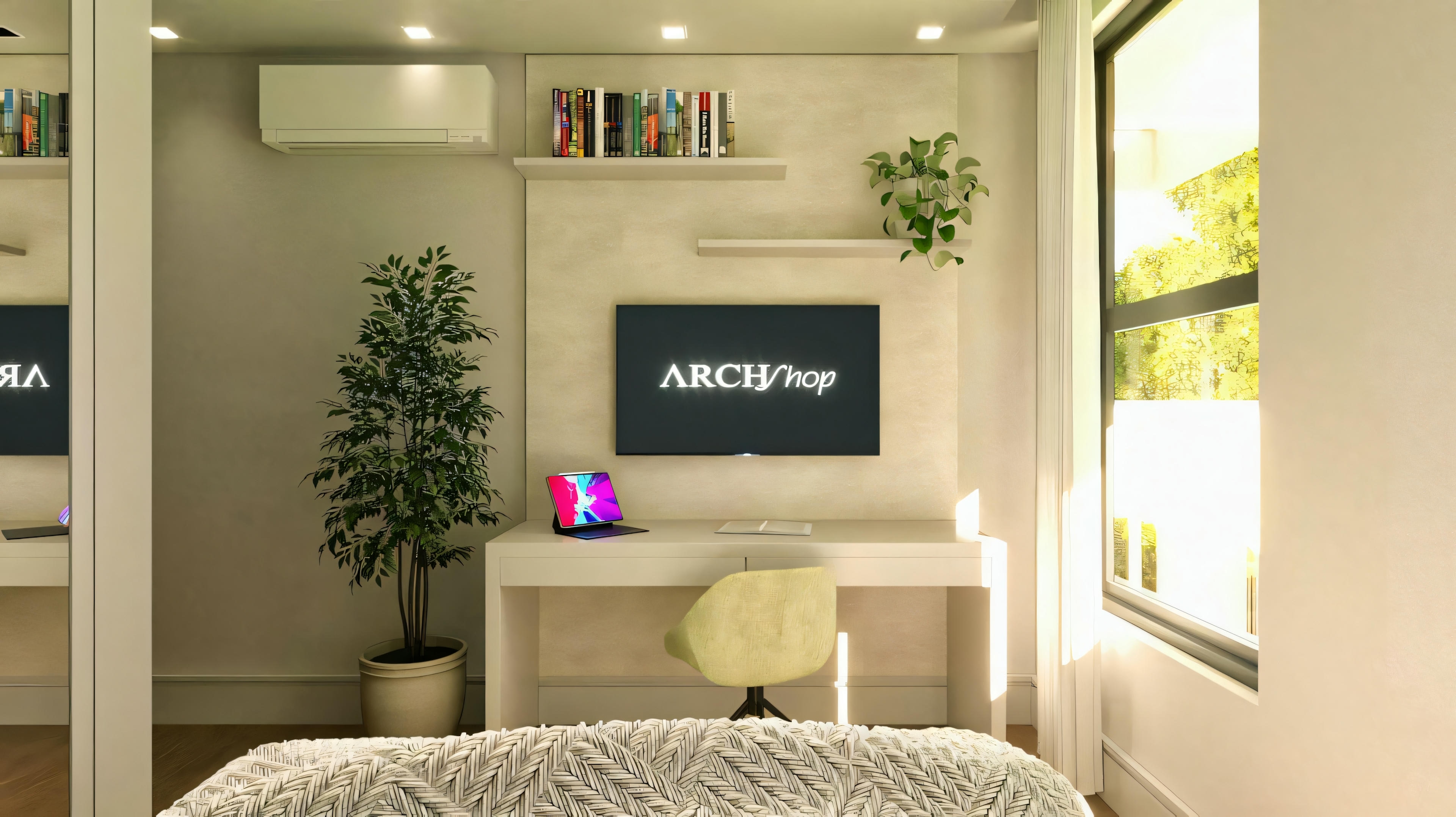 TV panel with desk.