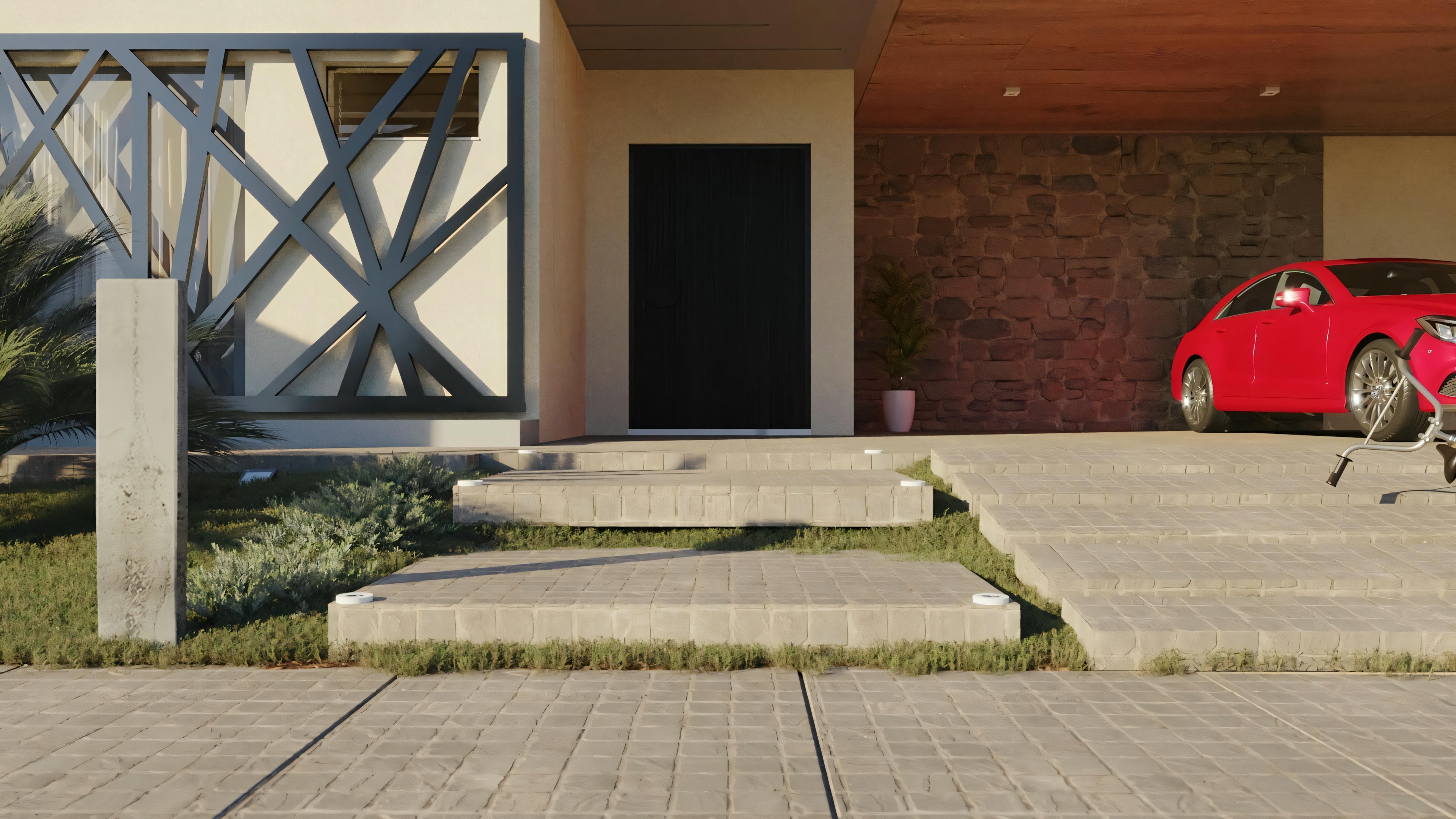 An outdoor patio area with seating and landscaping.