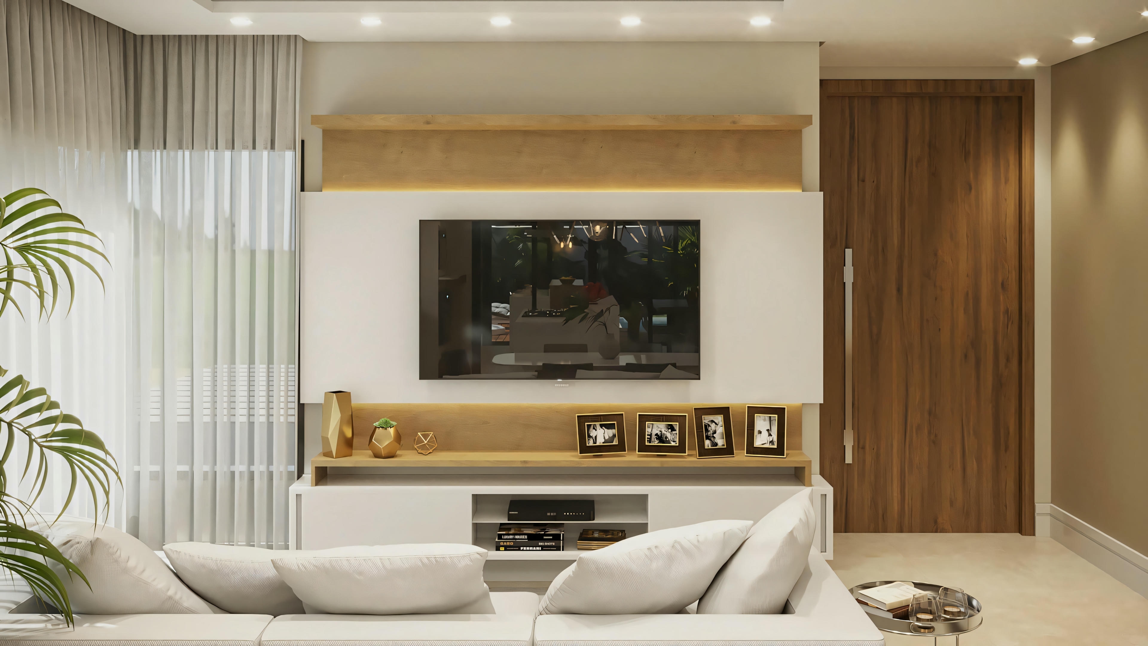 Ângulo da sala de estar no projeto pronto de casa térrea com 2 suítes (170.8m²), mostrando o painel da TV, rack, decoração e porta de acesso em madeira. Design interior moderno e funcional para planta com área gourmet.