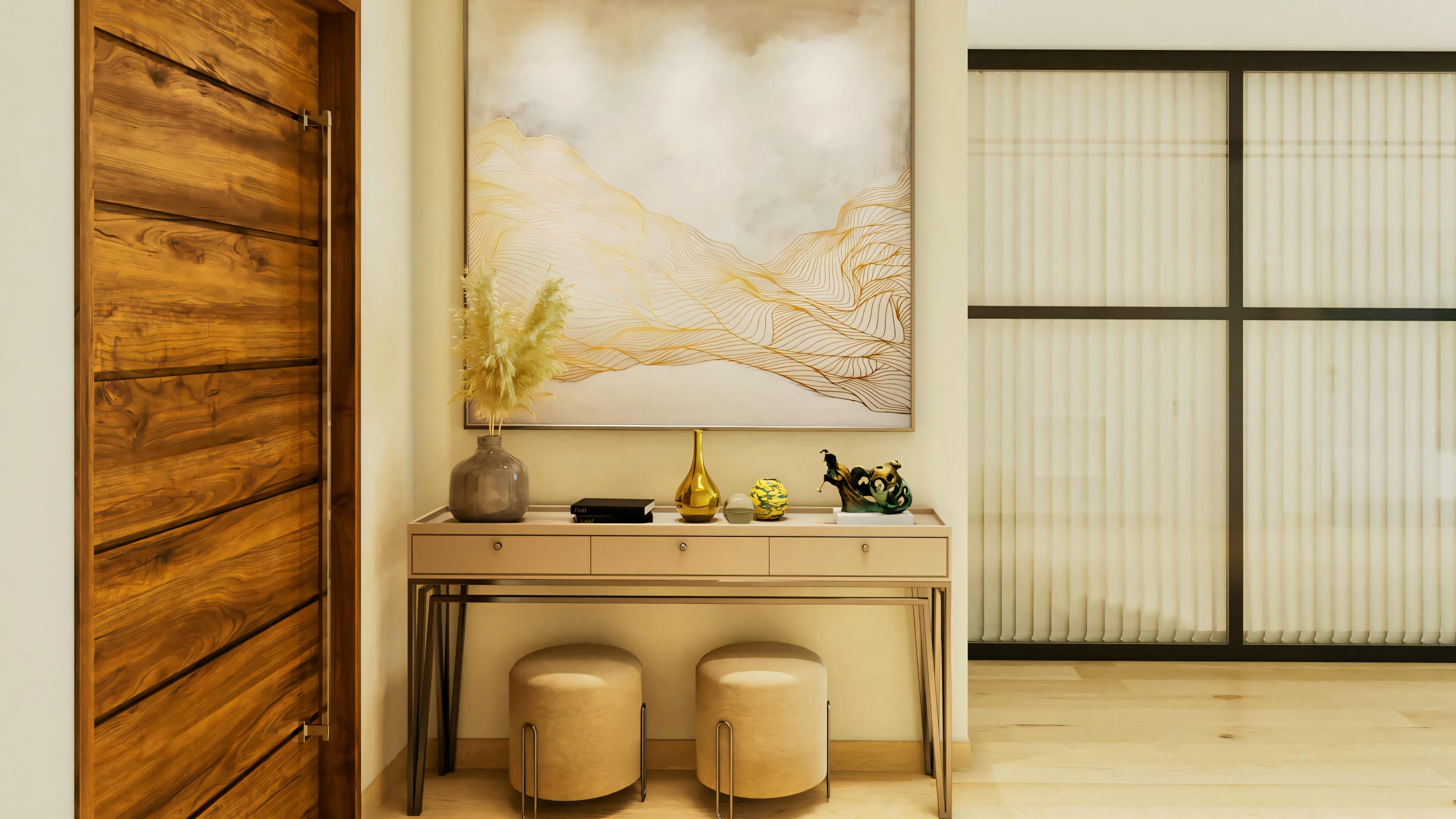 Detalhe do design de interiores em projeto pronto de casa térrea com 5 suítes. Hall de entrada decorado com aparador, bancos, quadro abstrato, porta em madeira e divisória com painéis translúcidos.