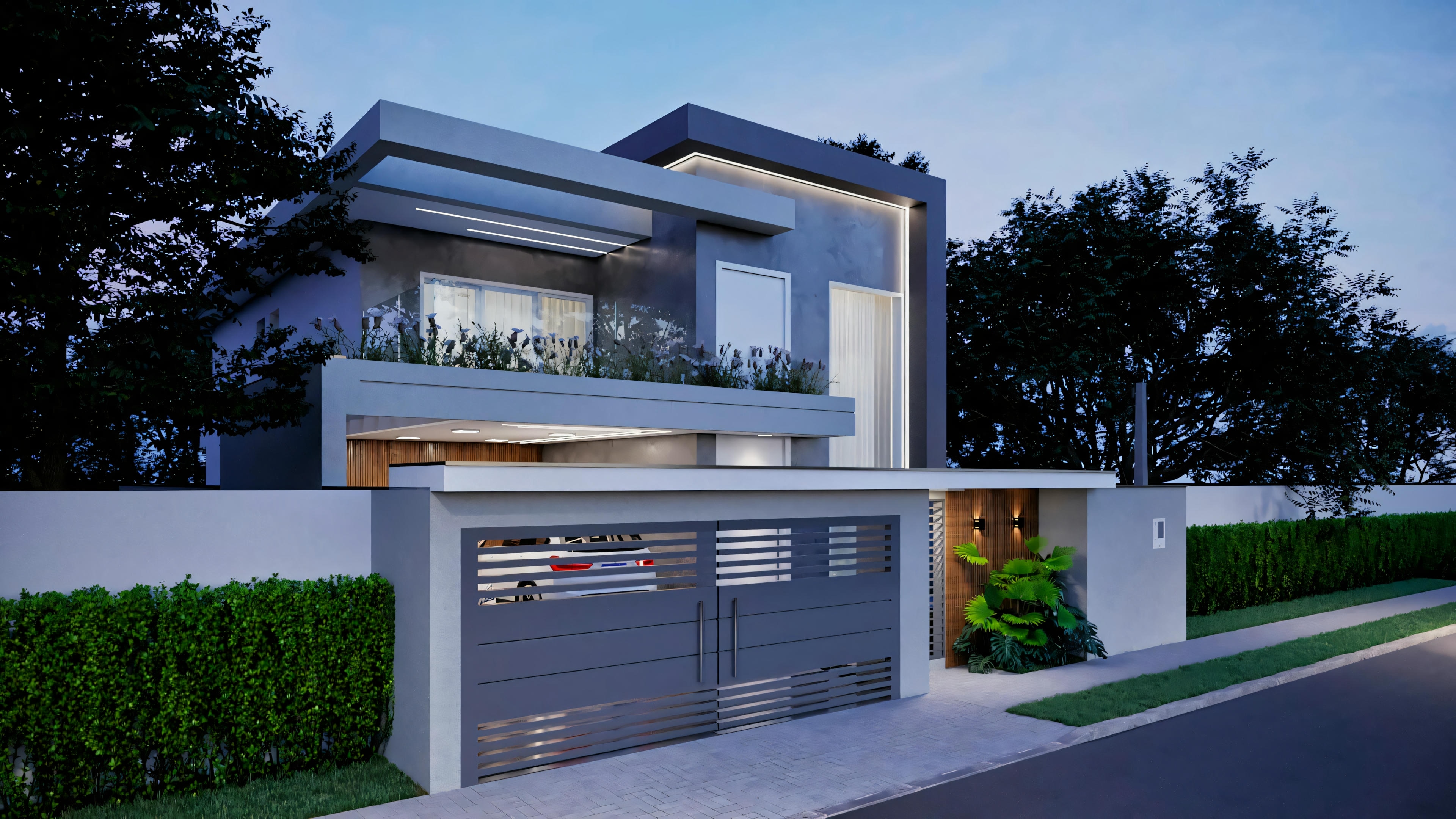 Proyecto arquitectónico nocturno ArchShop: Casa moderna con 3 suites, piscina y área gourmet. Fachada iluminada con diseño contemporáneo, 250.56m², garaje, portón moderno y paisajismo. Ideal para terrenos 12x25.