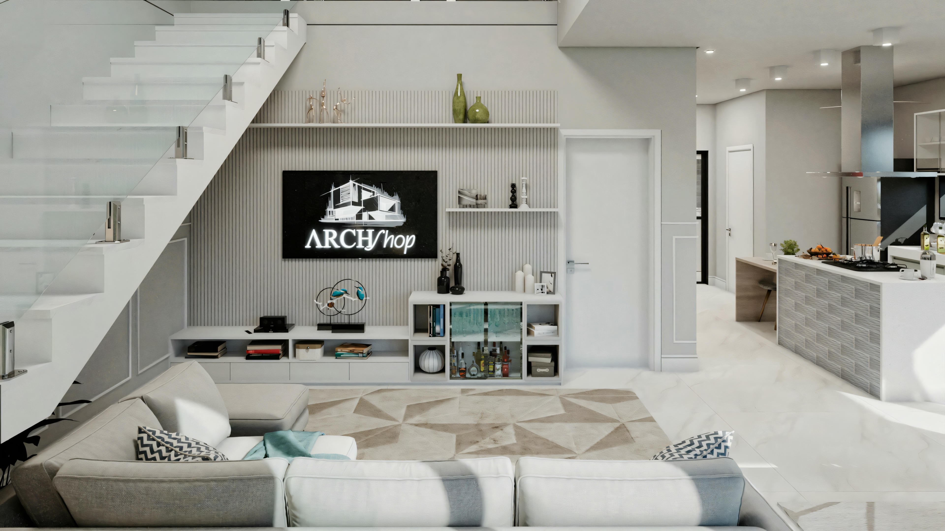 Sala de estar con un gran sofá seccional gris orientado hacia un televisor montado en la pared, rodeado de estanterías con objetos decorativos. También hay un sillón, mesa de centro y alfombra en el centro de la habitación.