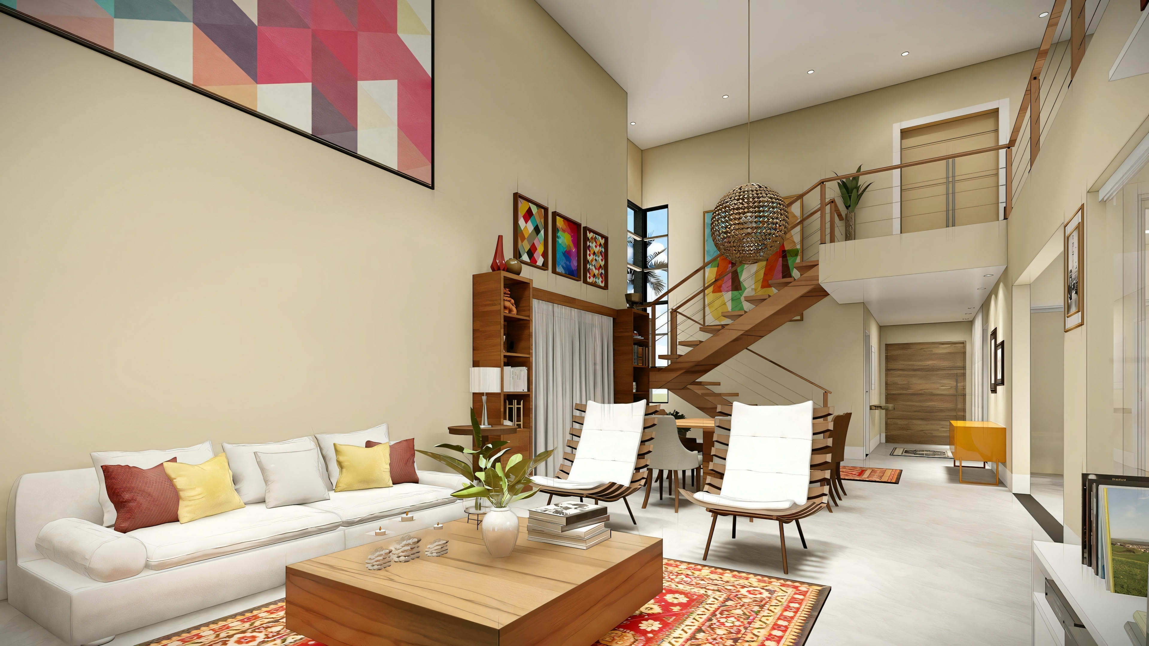 Uma sala de estar aconchegante com sofá branco, arte colorida na parede e uma escada, além de uma área de jantar com mesa para seis pessoas.