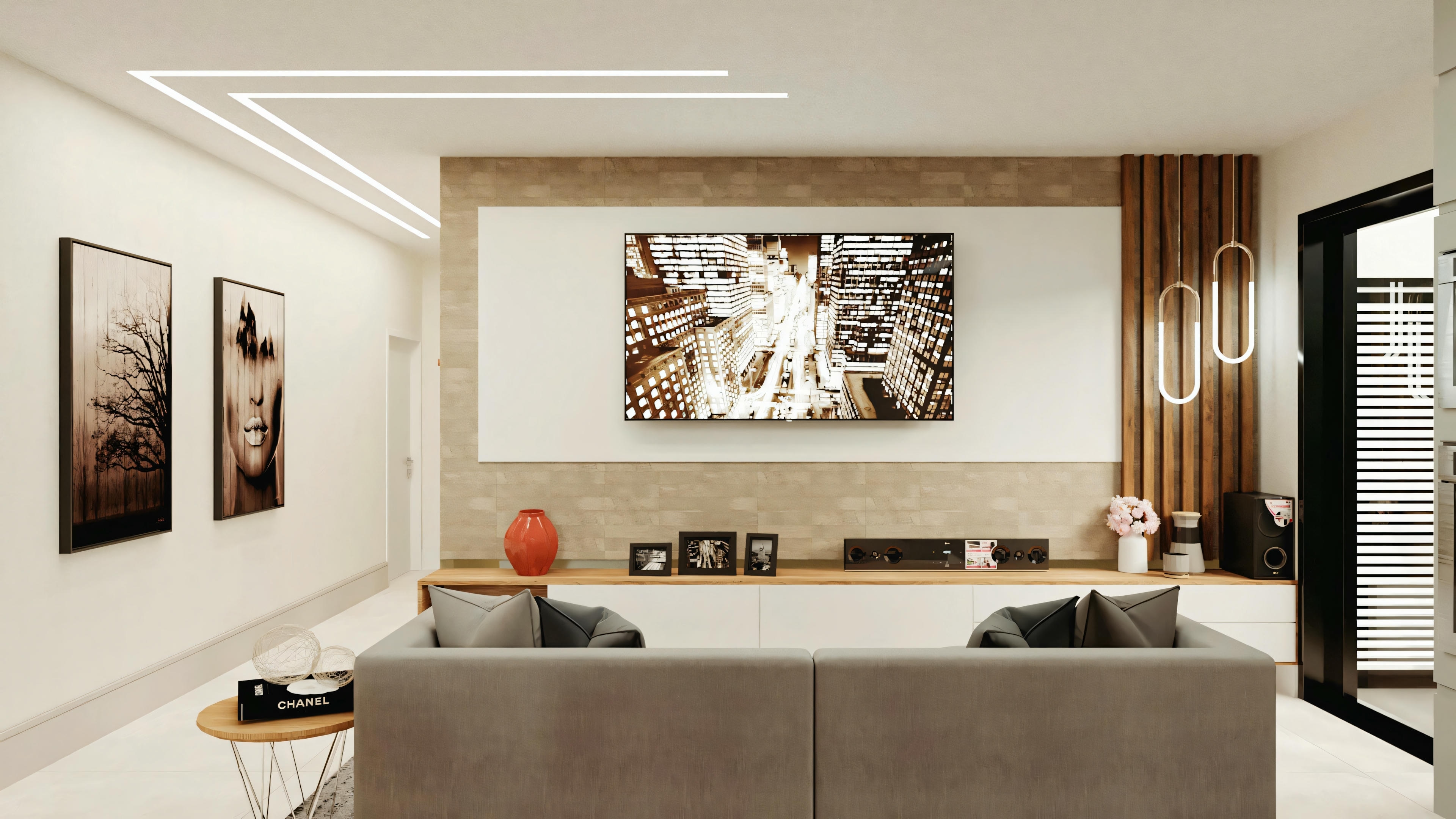Sala de estar moderna com sofá, cadeiras, mesa de centro e arte na parede.