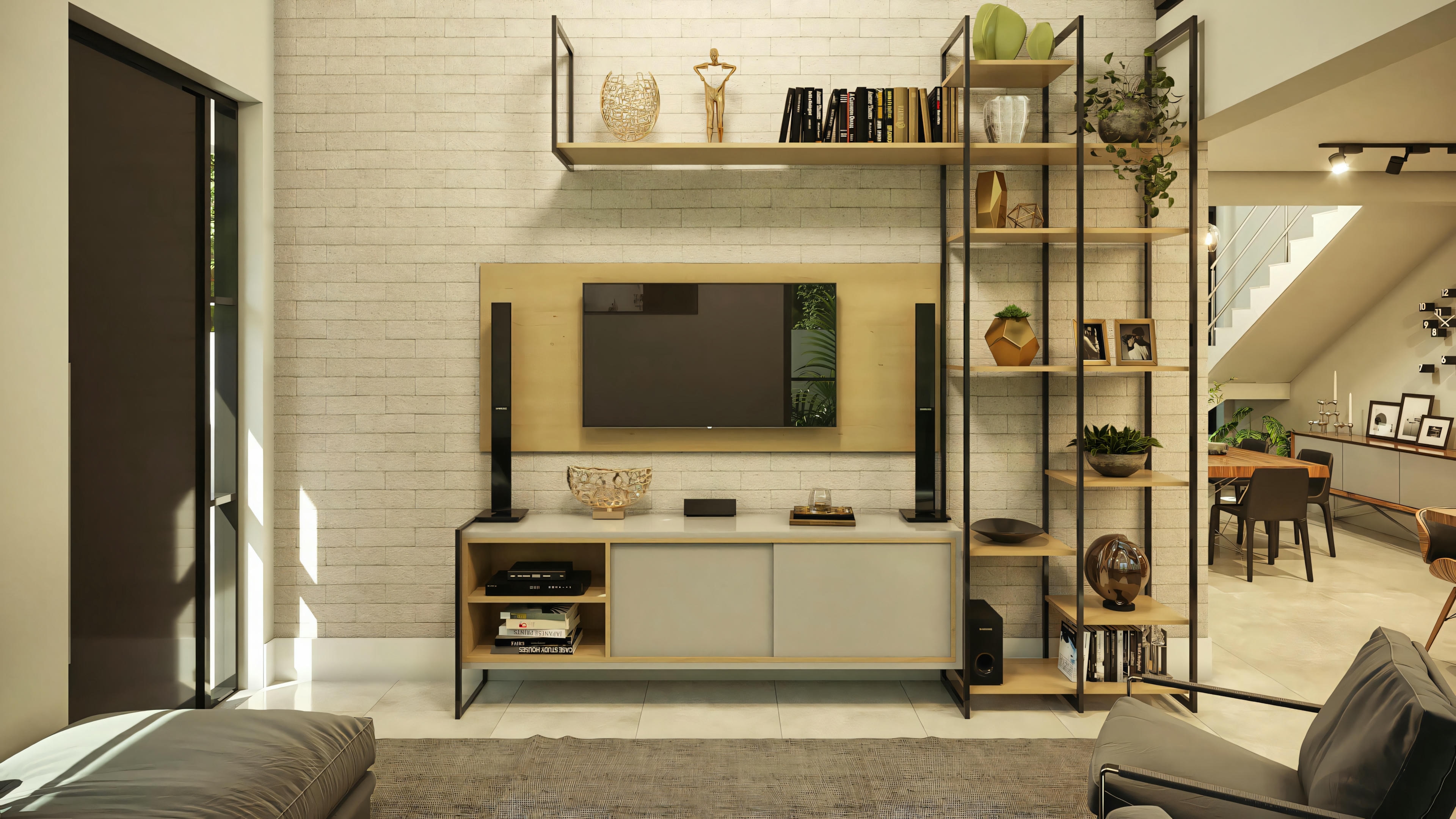 Sala de estar moderna com sofá em L, mesa de centro de vidro e decoração minimalista.