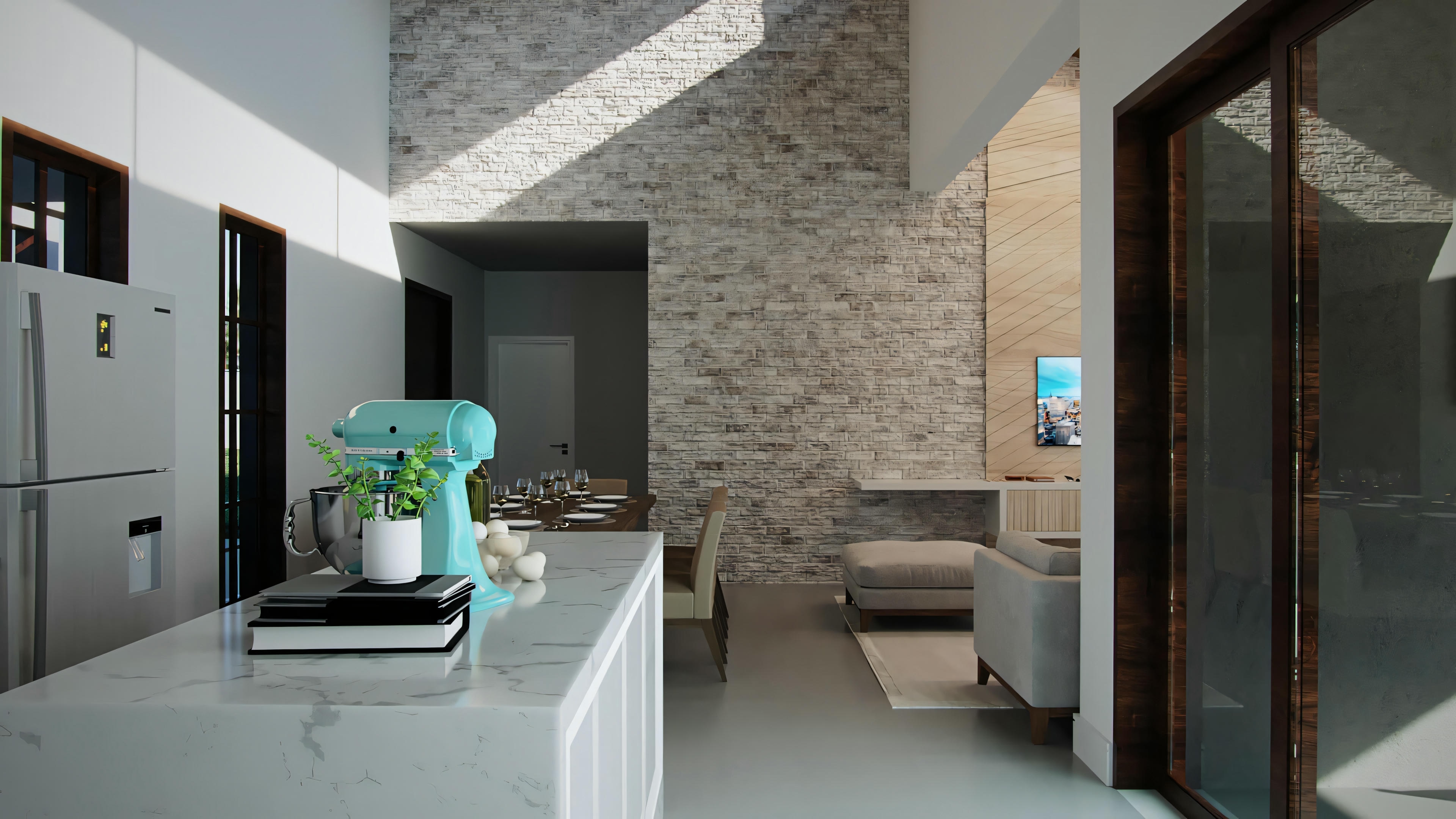 Una sala de estar moderna con sofá, mesa de centro e ítems decorativos, incluyendo un jarrón en la mesa y obras de arte en la pared.