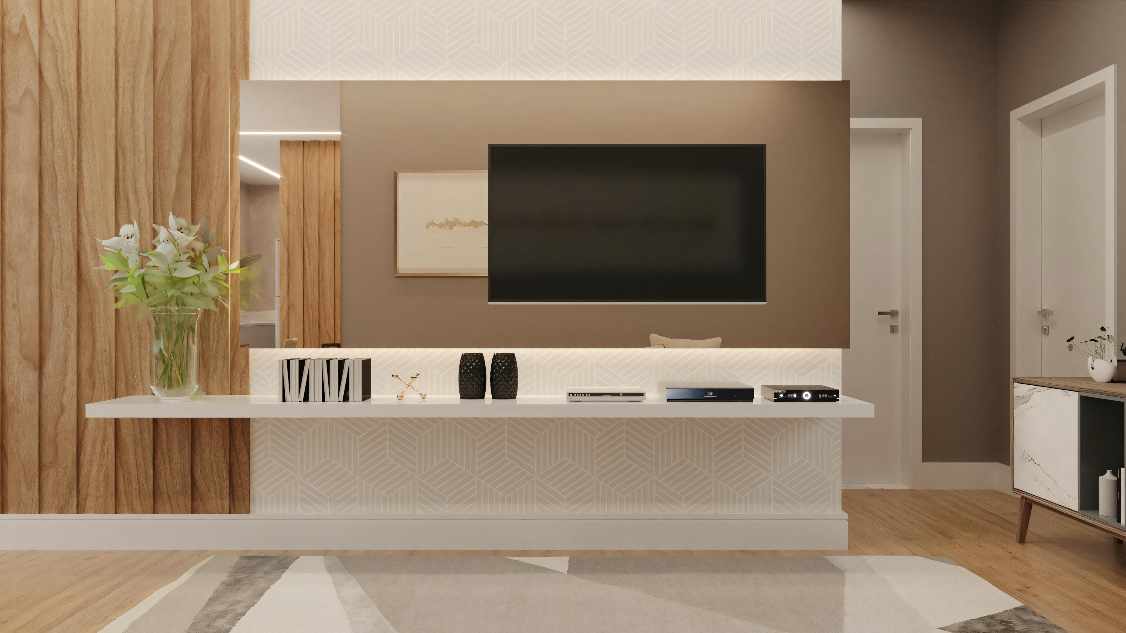 Sala de estar moderna com TV de tela plana montada, prateleiras brancas e itens decorativos.
