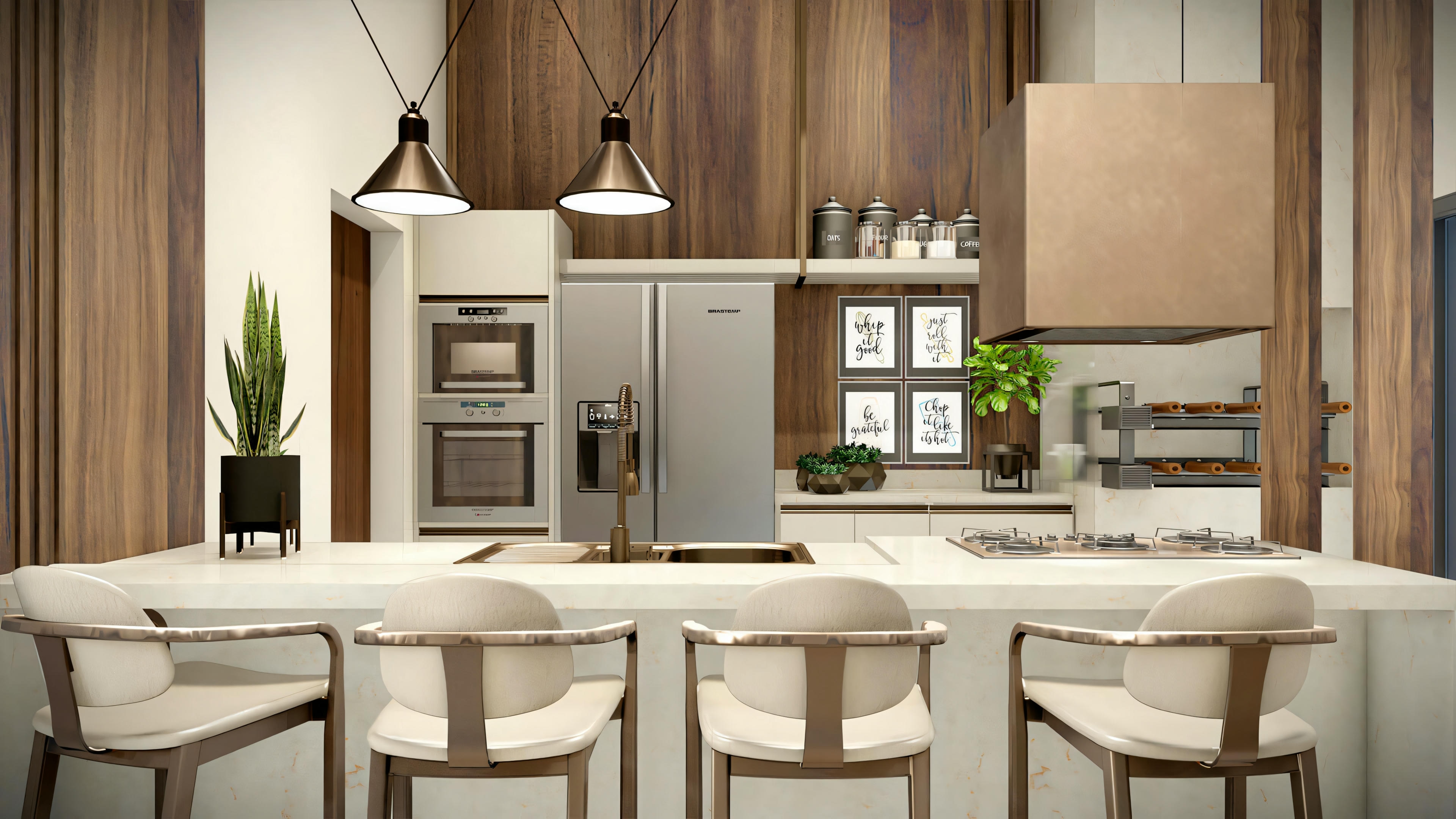 Uma sala de jantar com uma mesa elegante para seis pessoas e luminárias modernas pendentes.