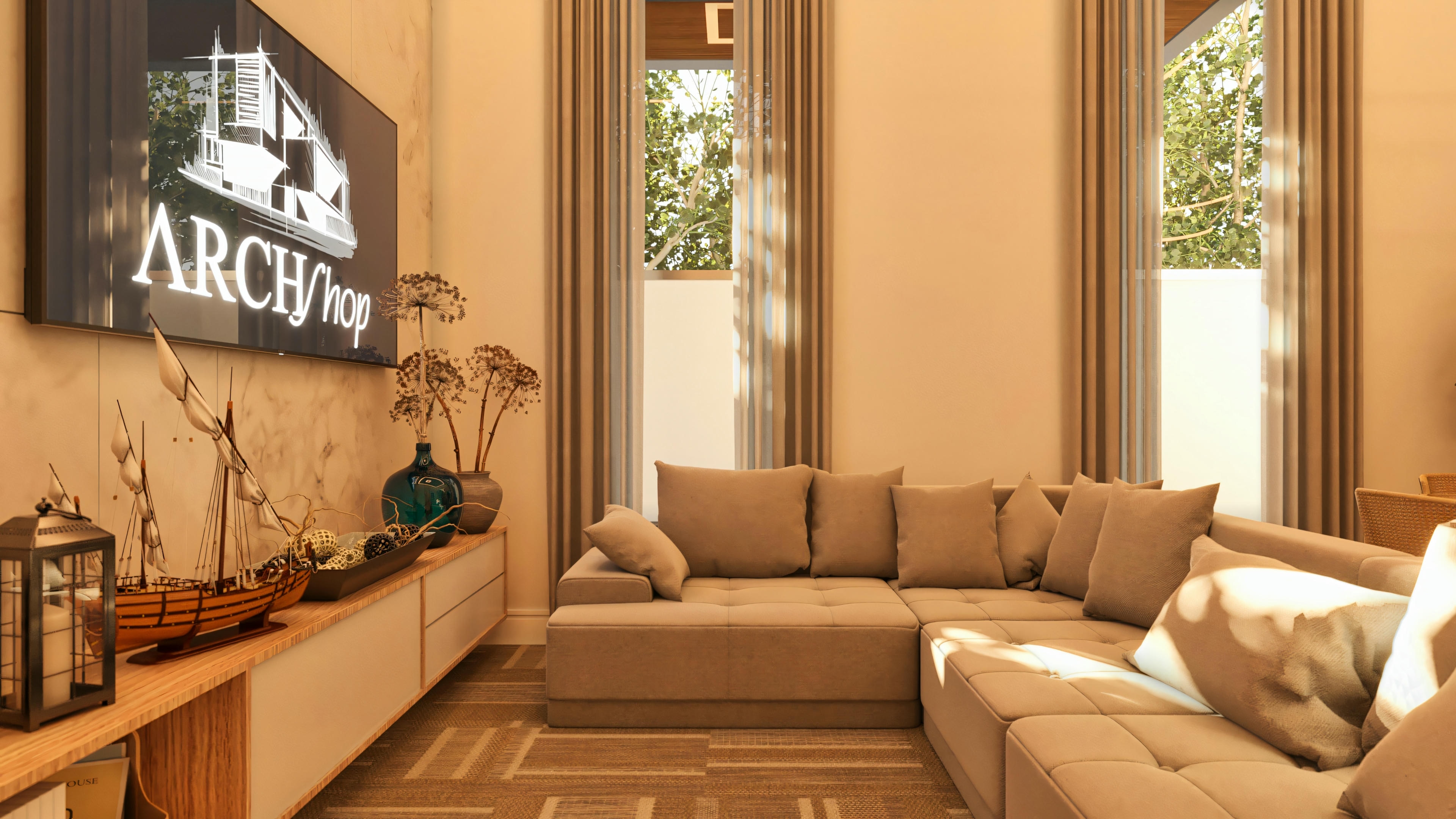 Sala de estar de uma casa moderna com 3 quartos e 2 suítes, apresentando sofá em L, janelas altas com cortinas e painel de TV. Ambiente aconchegante em uma planta de casa de 144.98m².