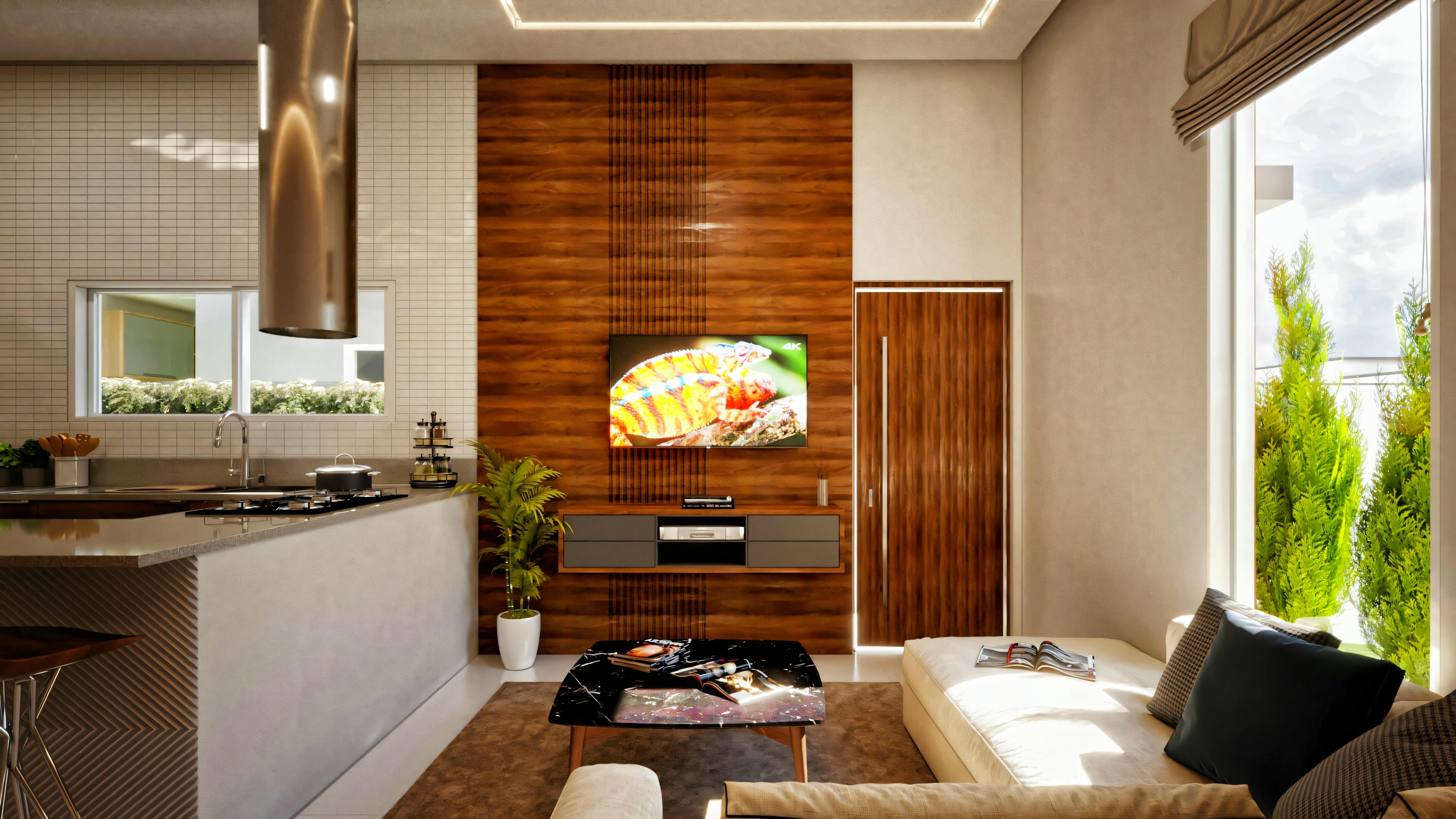 Una sala de estar acogedora con sofá, pared de madera con chimenea empotrada e iluminación cálida que crea una atmósfera acogedora.