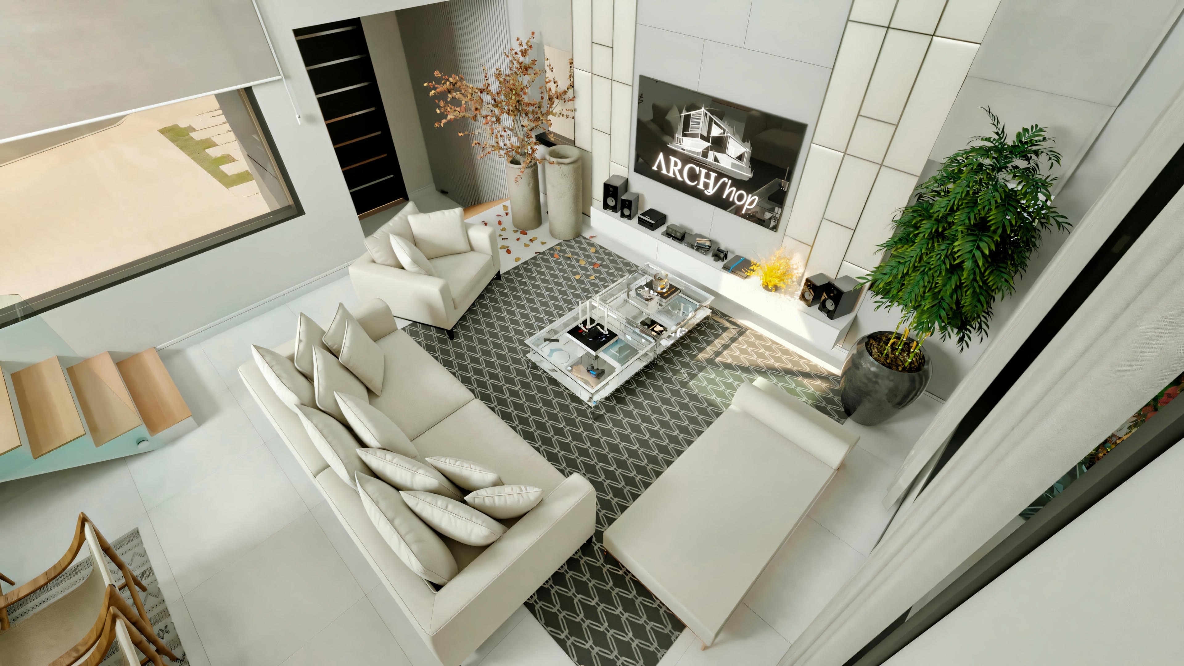 Vista aérea de una sala de estar moderna con sofá seccional blanco, mesa de centro con libros y objetos decorativos, chimenea con arte arriba y alfombra.