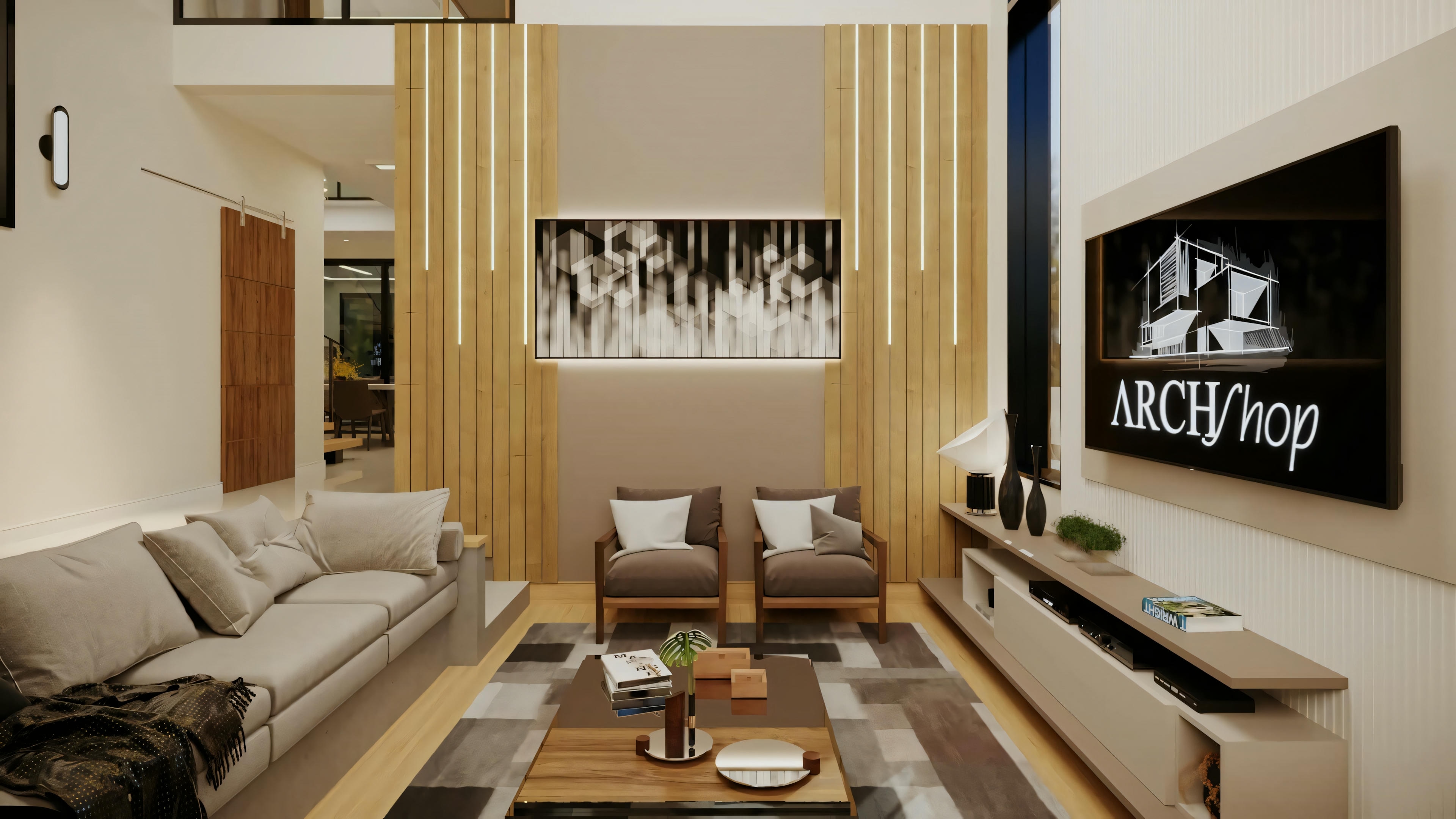 Una sala de estar con sofá, cojines, mesa de centro y televisor montado en la pared. La decoración incluye cortinas y objetos decorativos.