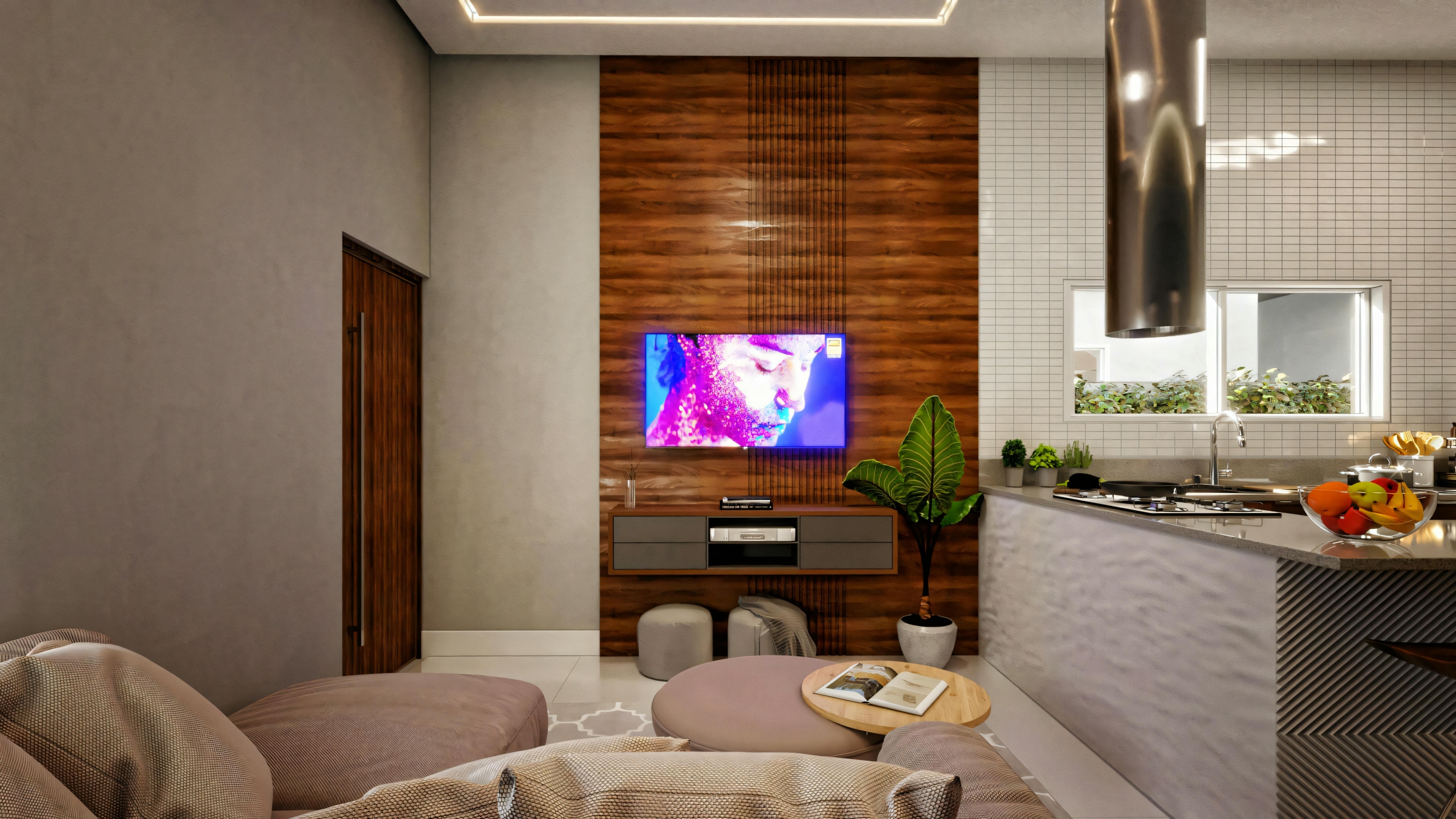 Vista del interior de casa moderna (60m²) con sala de TV presentando panel listonado de madera y cocina americana con encimera y campana extractora cilíndrica.