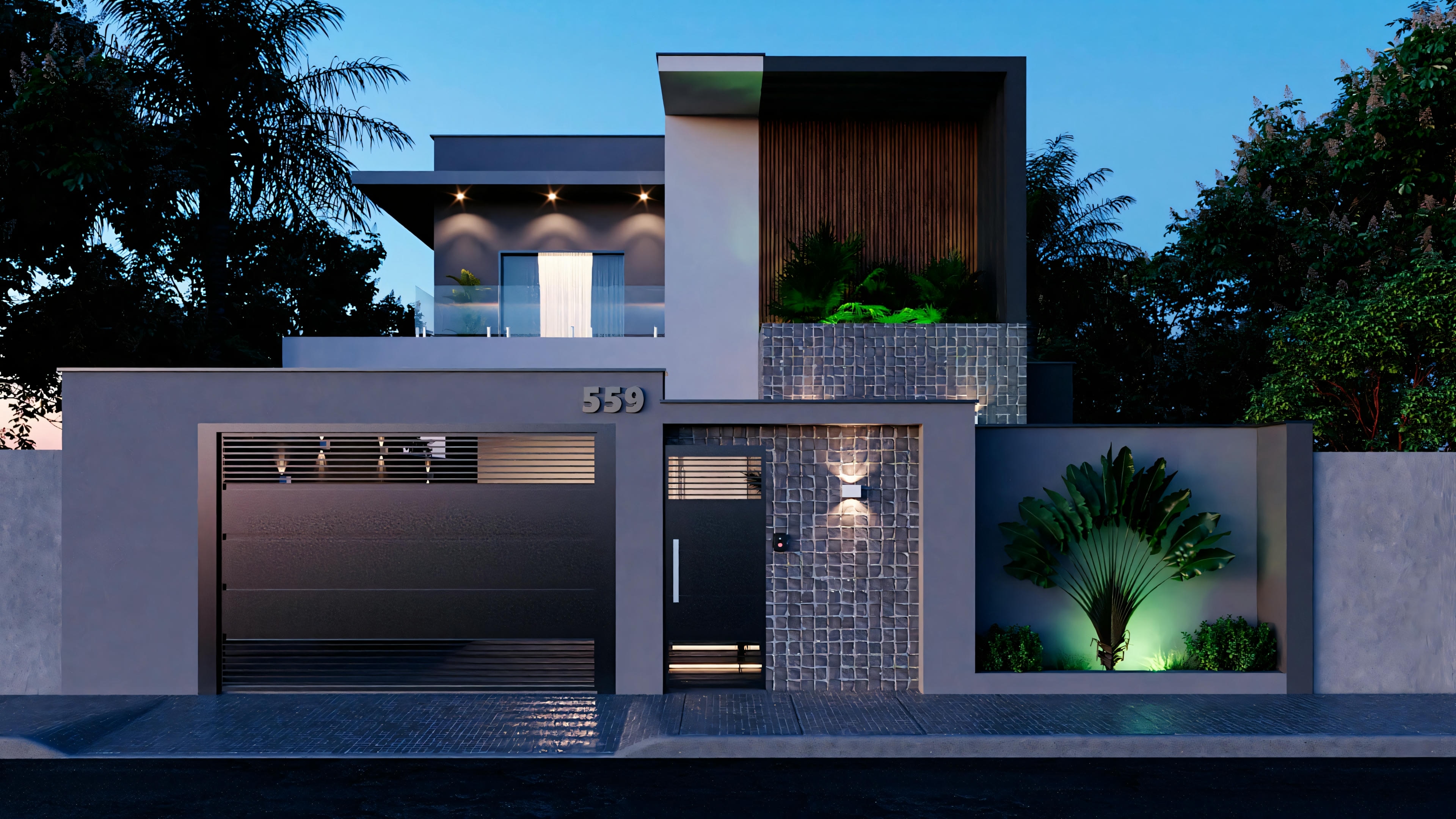 Side view of the same modern house, highlighting the large windows and wooden details.