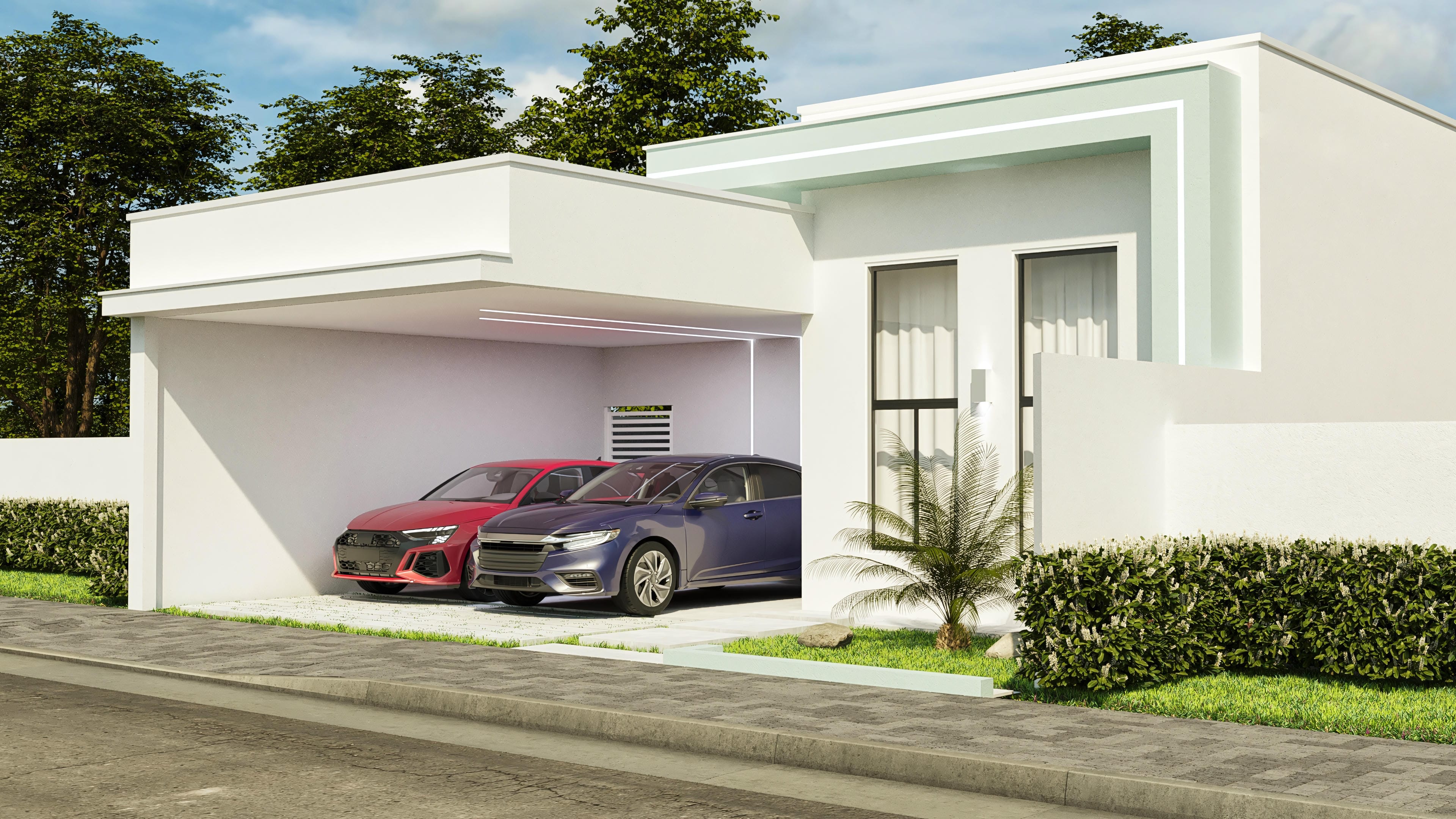 Modern facade of a single-story house with straight lines, white cladding, and mint details, covered garage, and landscaping with a lawn and palm tree.